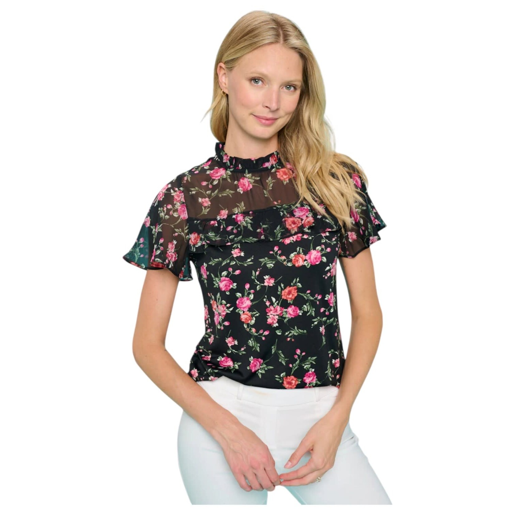 PERSEPTION PERSEPTION ILLUSION YOKE BABY RUFFLE DETAIL MOCKNECK FLORAL BLOUSE TP-MS-1568