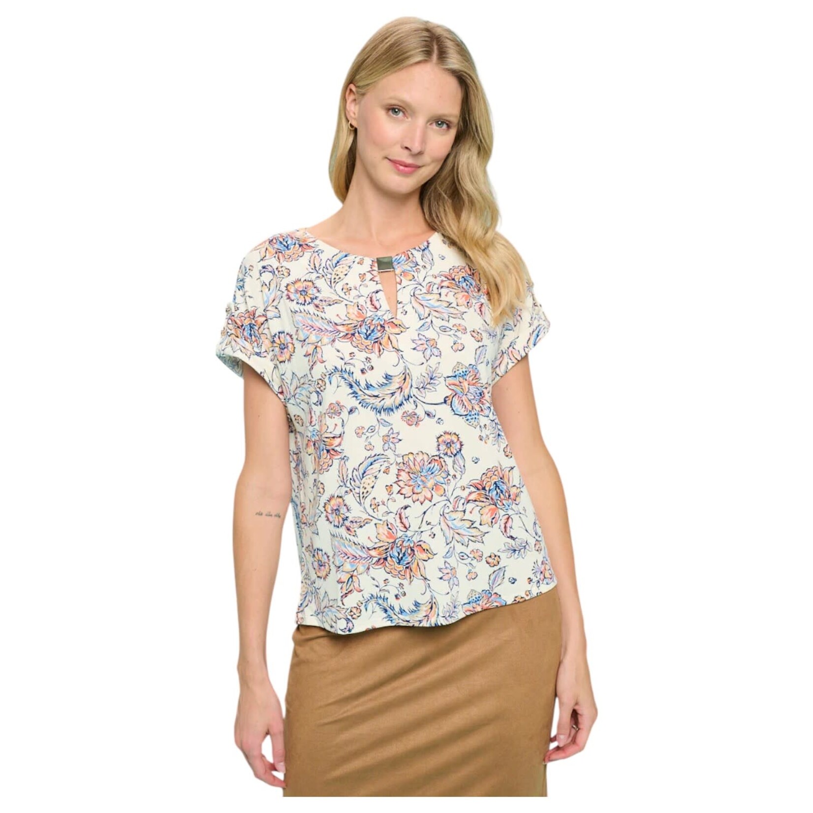 PERSEPTION PERSEPTION METAL TRIM KEYHOLE SHORT SLEEVE TOP TP-MS-1342