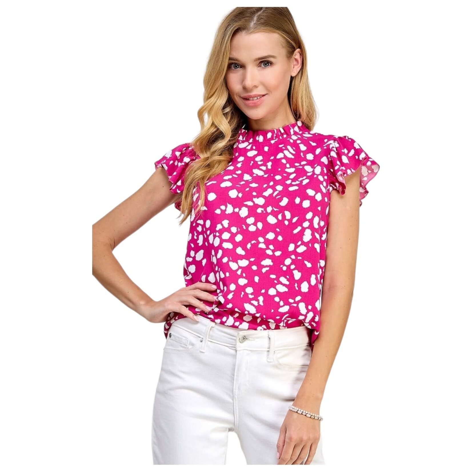 SOLUTION SOLUTION MOCK NECK RUFFLED TRIM CASUAL TOP S-25697