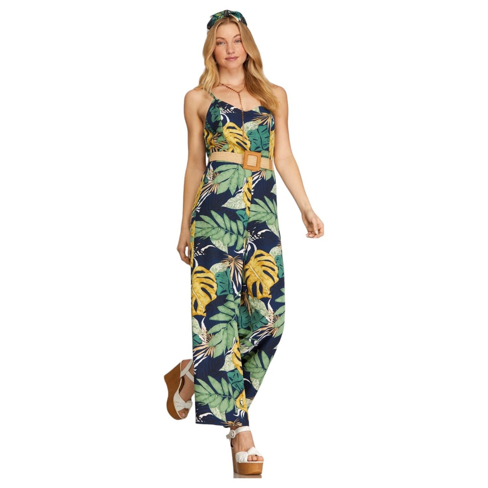 SHE & SKY SHE & SKY CAMI TROPICAL PRINT BELTED JUMPSUIT SY6555