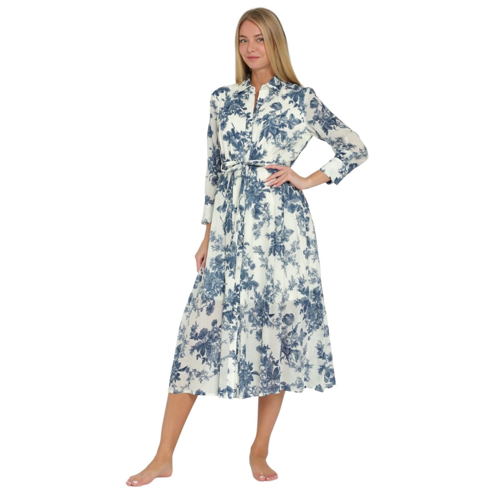 AAKAA AAKAA LONG SLEEVE BELTED BUTTON DOWN MIDI DRESS DA30149D