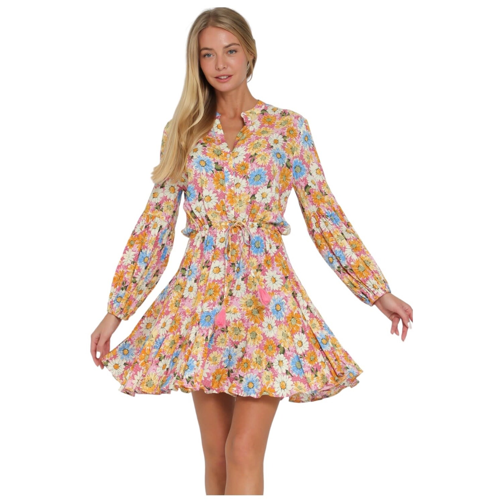 AAKAA AAKAA LONG SLEEVE BUTTON DOWN TIE FRONT WAISTED MINI DRESS DA30490K