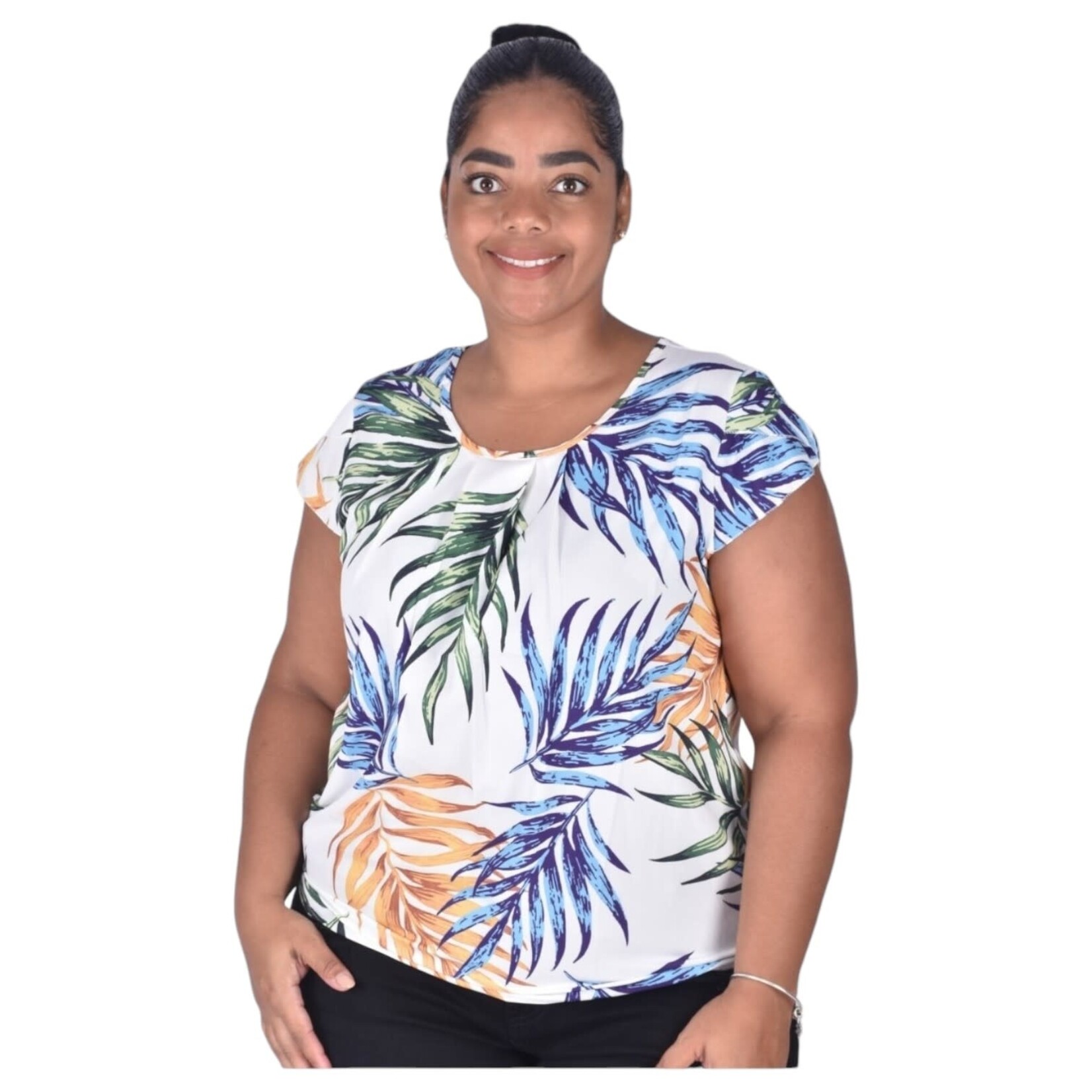 LAC BLEU LAC BLEU PLUS LEAF PRINT SHORT SLEEVE TOP B4345