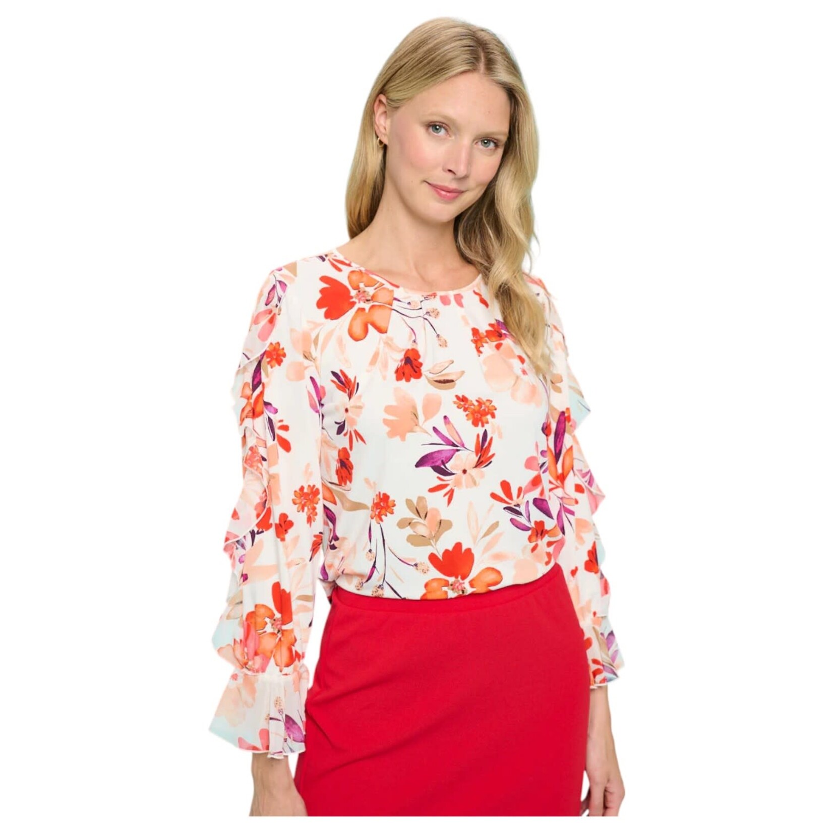 PERSEPTION PERSEPTION MIXED MEDIA LONG SLEEVE W/ RUFFLE DETAIL BLOUSE TP-MS-1809