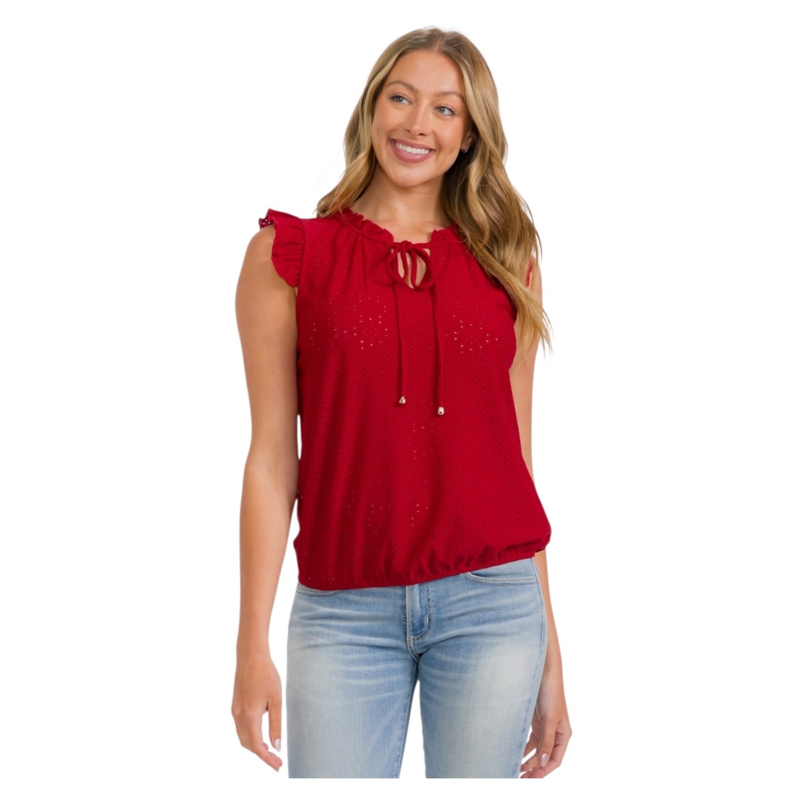 PERSEPTION PERSEPTION EYELET RUFFLE DETAIL TIE NECK SLEEVELESS BUBBLE HEM TOP TP-MS-2058