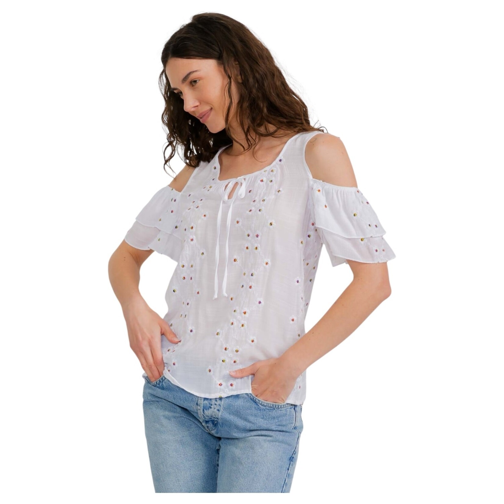 PERSEPTION PERSEPTION EMBROIDERY COLD SHOULDER TOP TP-MS-2076