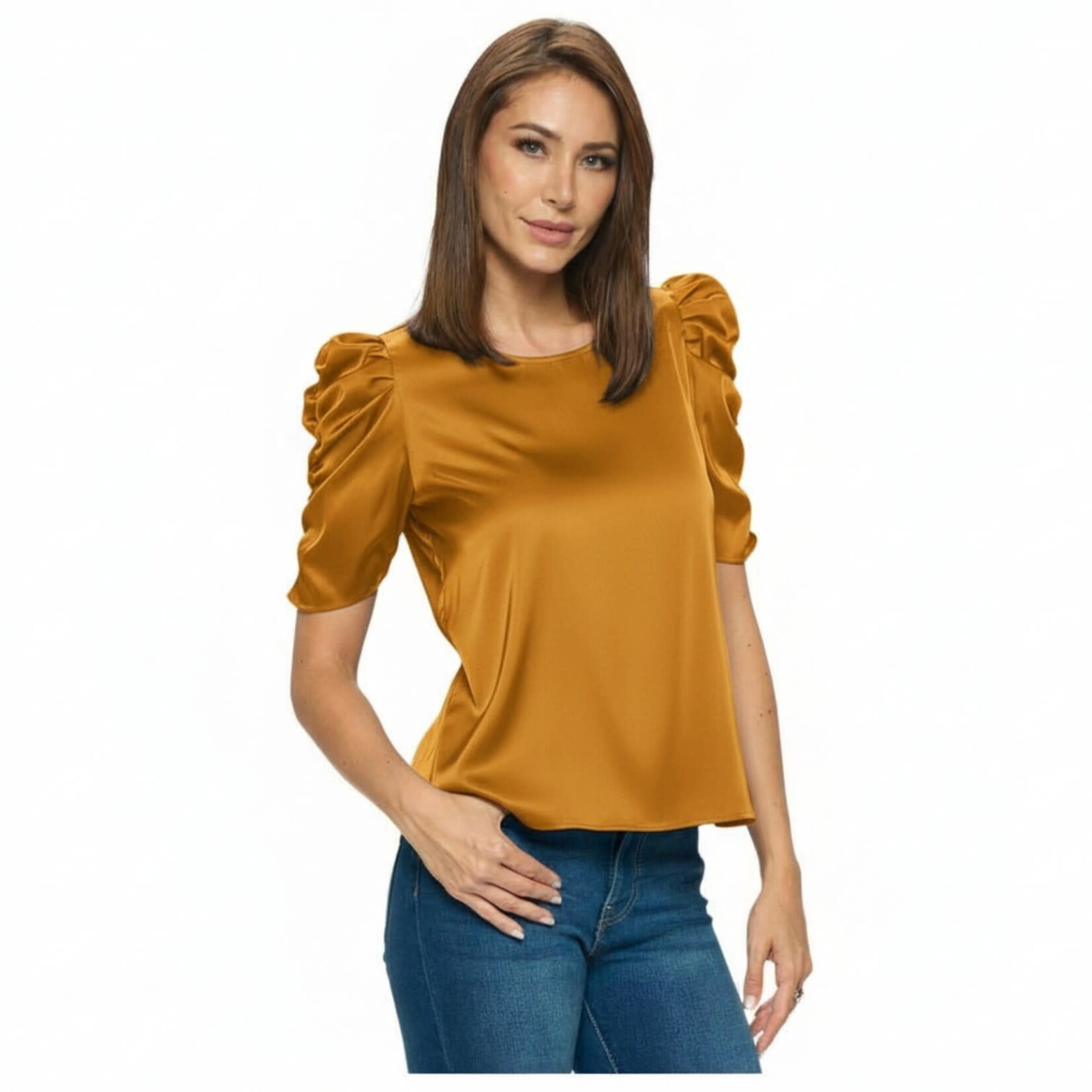 DNA DNA SHORT RUFFLE SLEEVE SATIN TOP 1419T-21081