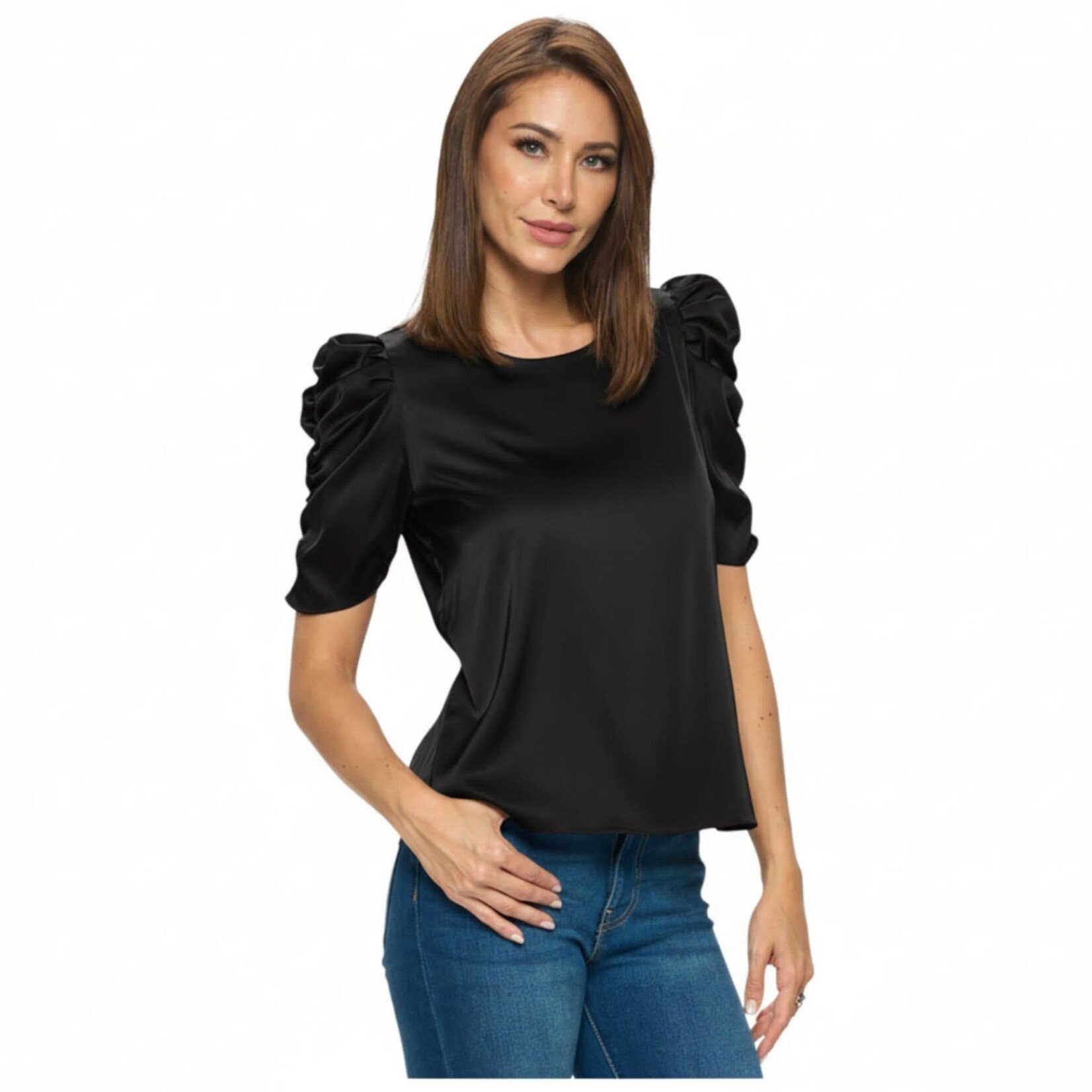 DNA DNA SHORT RUFFLE SLEEVE SATIN TOP 1419T-21081