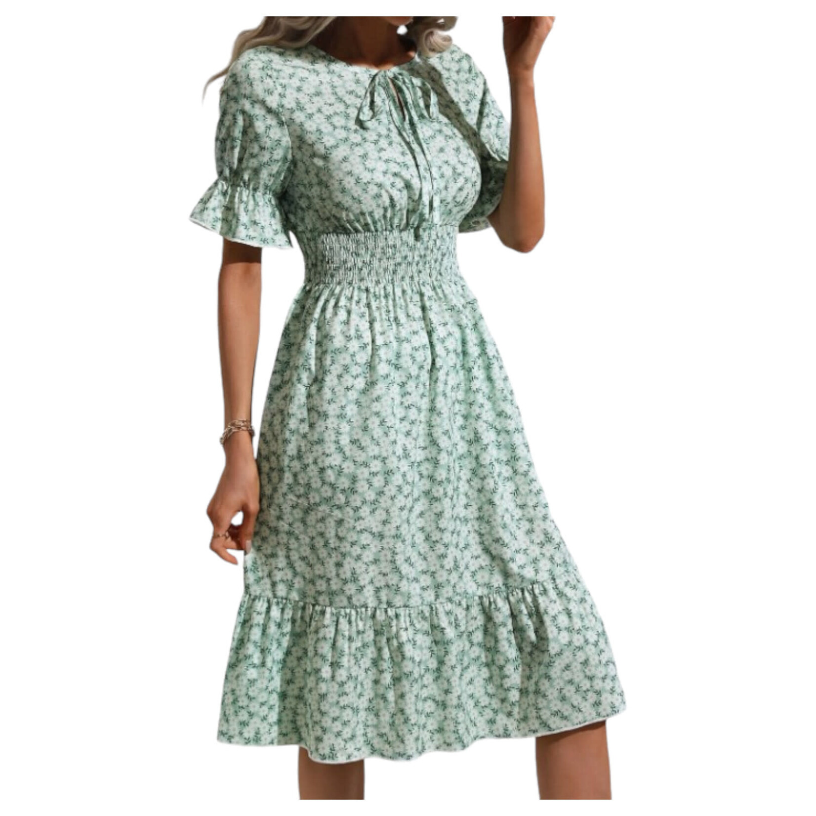 MISS KELLY MISS KELLY DAISY FLORAL PRINT SMOCKED WAIST SHORT PUFF SLEEVE KNEE LENGTH DRESS SD4809