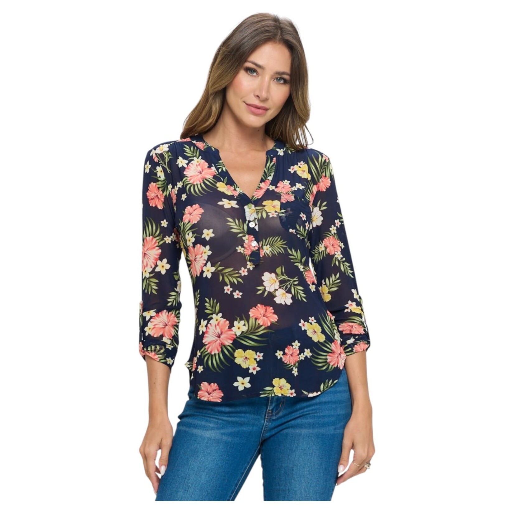 DNA DNA MESH FLORAL LONG SLEEVE TOP 1424T-15422