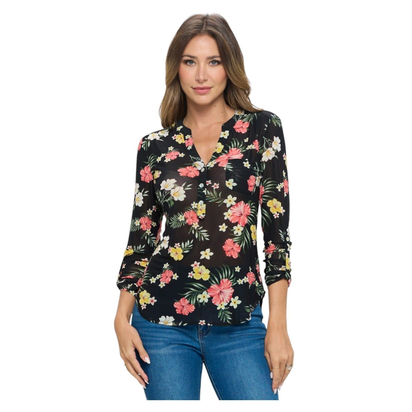 DNA DNA MESH FLORAL LONG SLEEVE TOP 1424T-15422