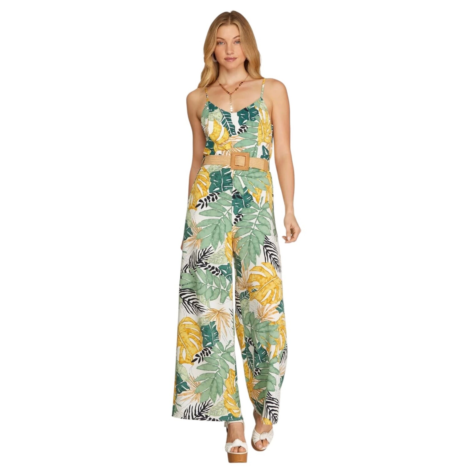 SHE & SKY SHE & SKY CAMI TROPICAL PRINT BELTED JUMPSUIT SY6555