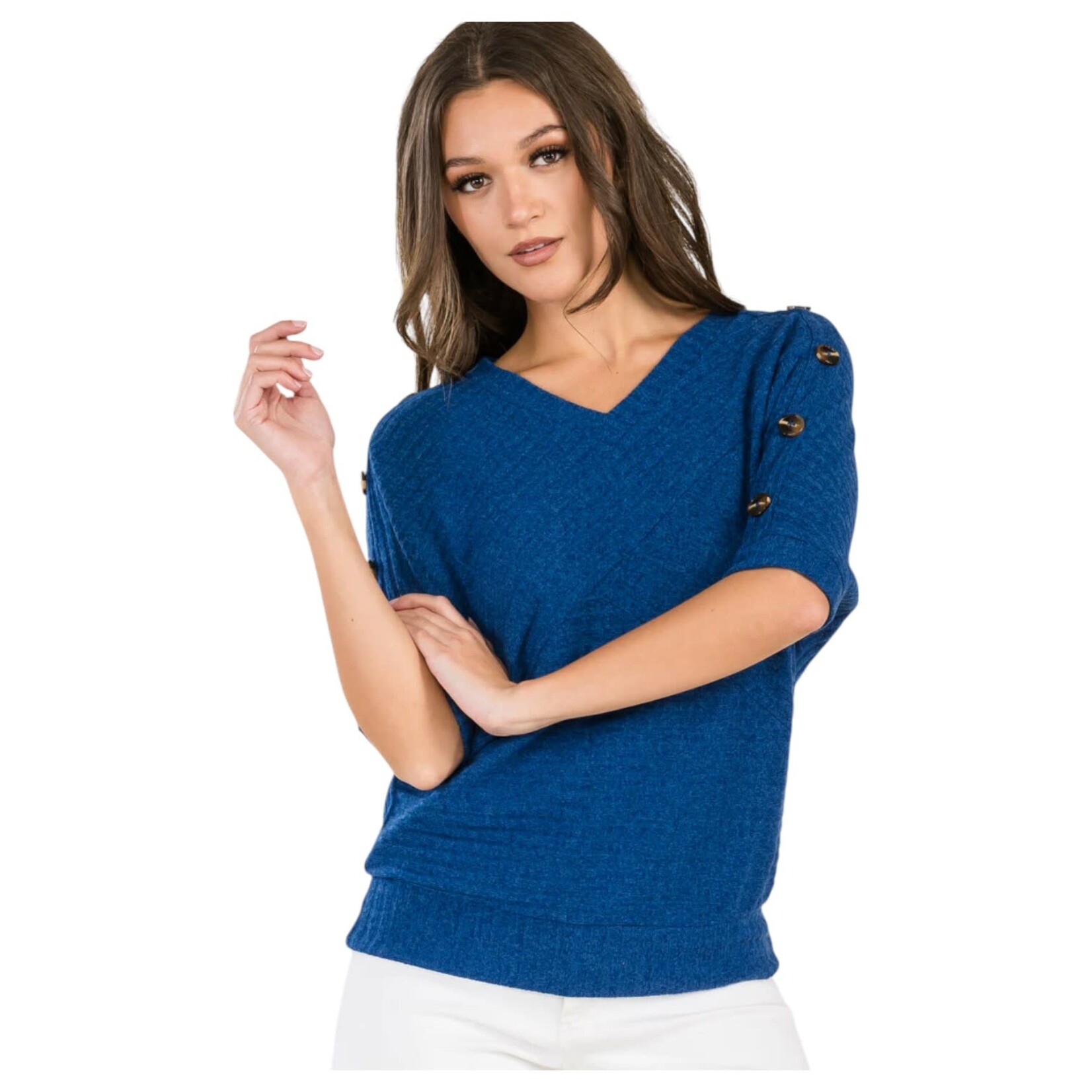 PERSEPTION PERSEPTION RIBBED V-NECK BUTTON SLEEVE SWEATER TP-MS-304