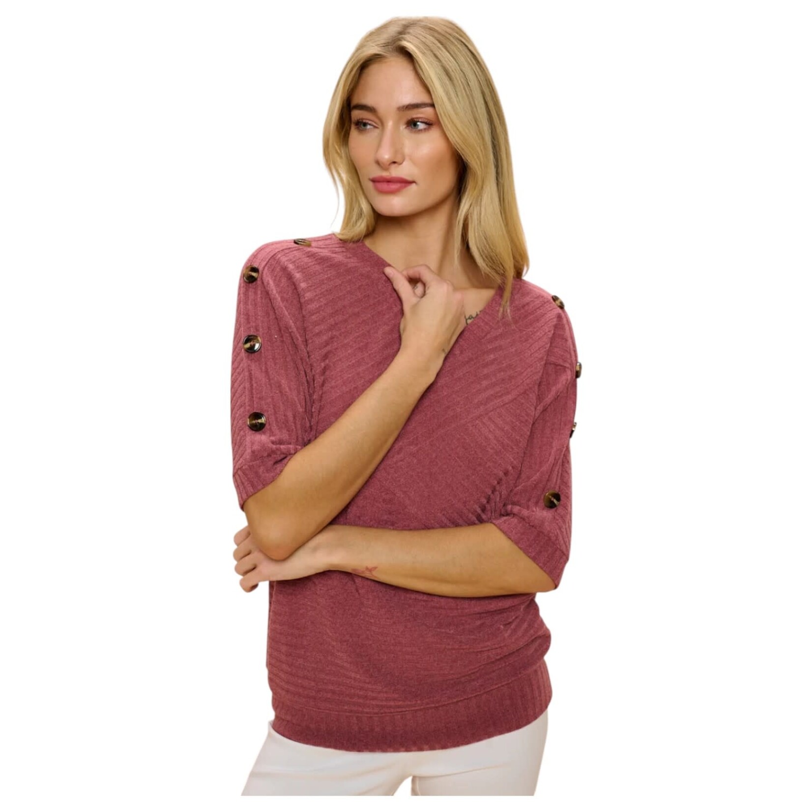 PERSEPTION PERSEPTION RIBBED V-NECK BUTTON SLEEVE SWEATER TP-MS-304