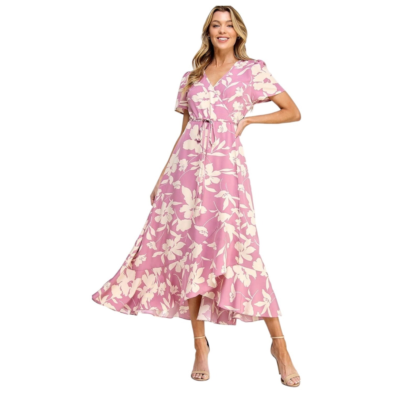 SOLUTION SOLUTION FLORAL PRINT WRAP DRAWSTRING TIE WAIST DRESS S-26243