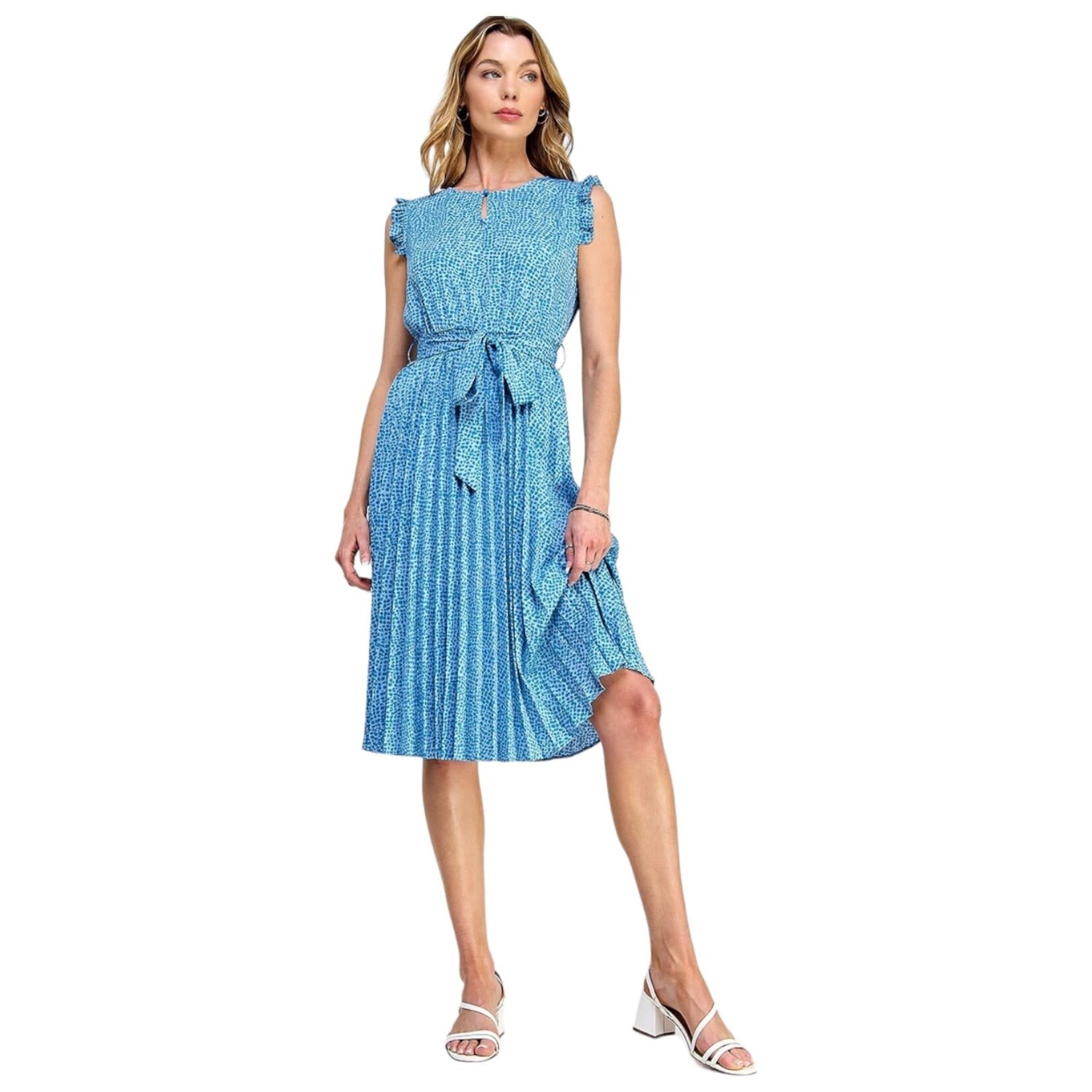 SOLUTION SOLUTION RUFFLE CAP SLEEVE PLEATED PRINTED MIDI DRESS S-25559