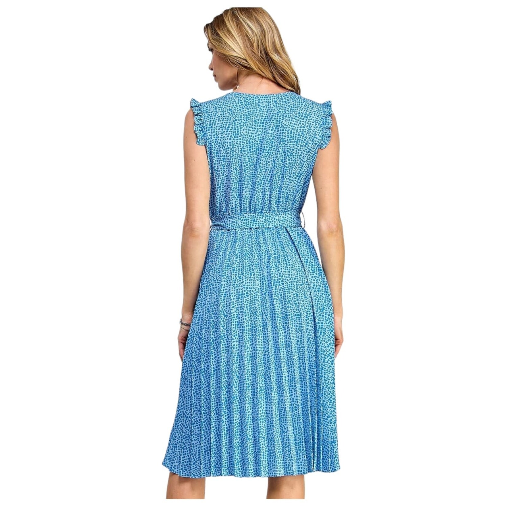 SOLUTION SOLUTION RUFFLE CAP SLEEVE PLEATED PRINTED MIDI DRESS S-25559