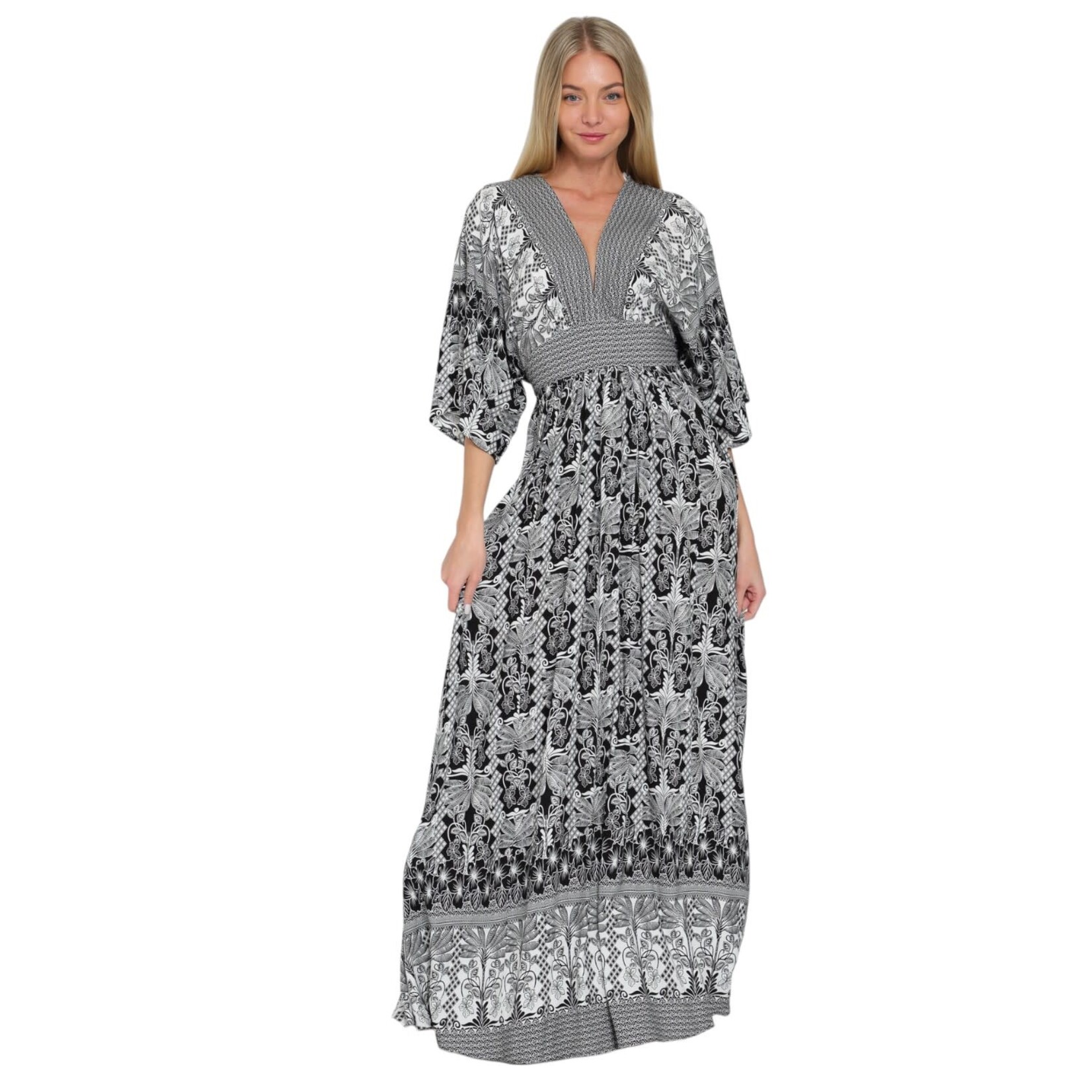AAKAA AAKAA KIMONO SLEEVE TIE BACK WAISTED BORDER PRINT MAXI DRESS DA31000D