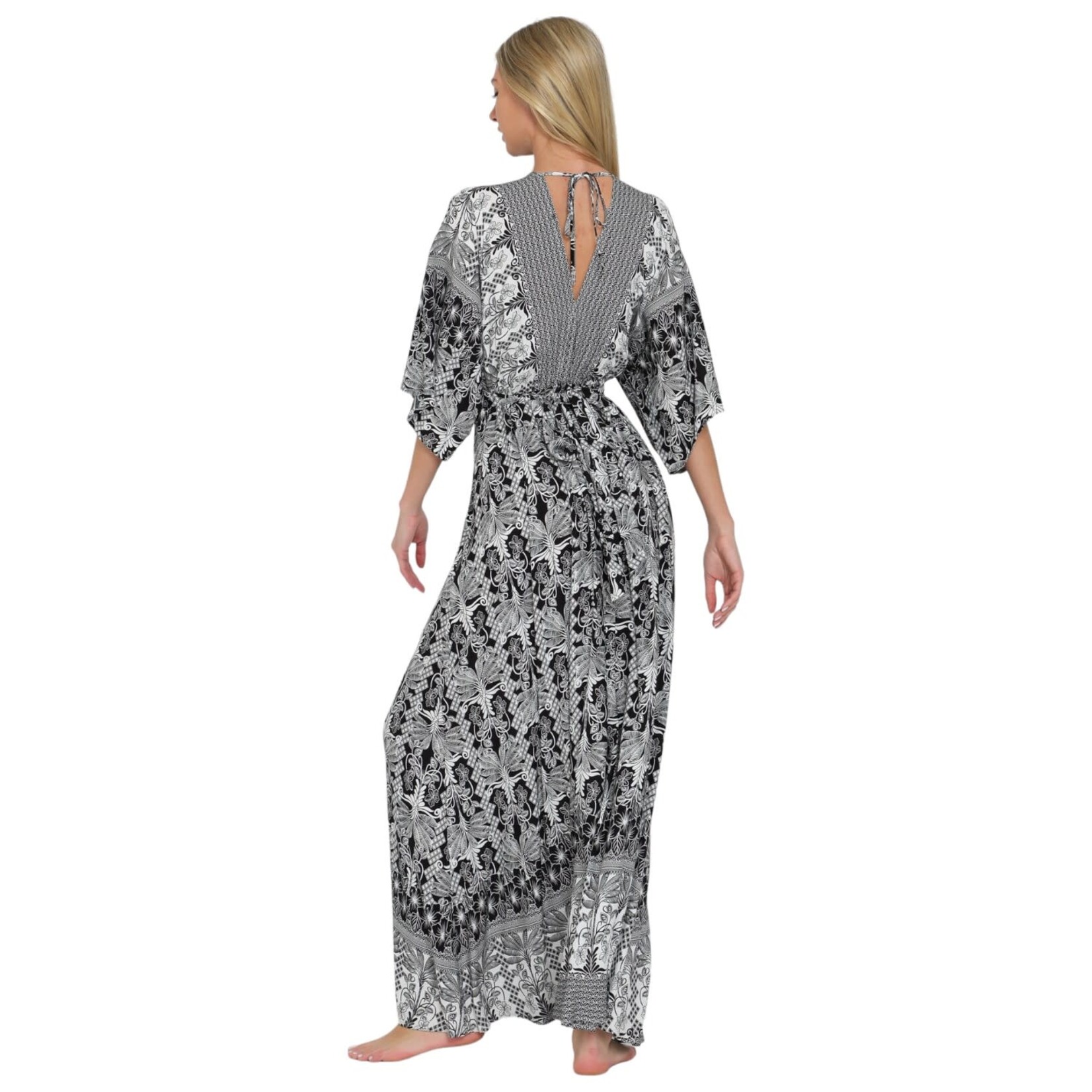 AAKAA AAKAA KIMONO SLEEVE TIE BACK WAISTED BORDER PRINT MAXI DRESS DA31000D
