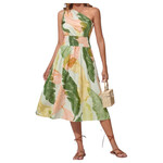 MISS KELLY MISS KELLY ONE SHOULDER SMOCKED WAIST LEAF PRINT MIDI DRESS SD5311