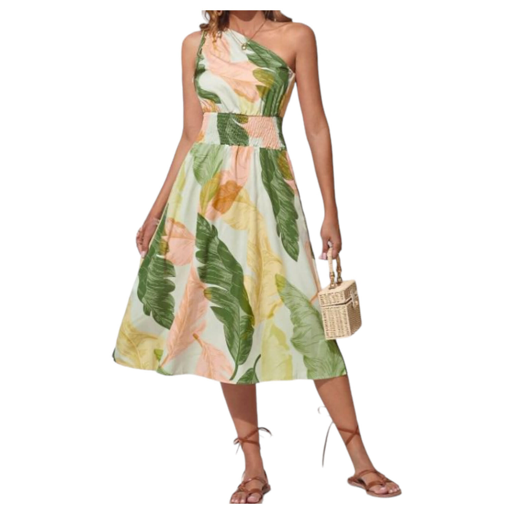 MISS KELLY MISS KELLY ONE SHOULDER SMOCKED WAIST LEAF PRINT MIDI DRESS SD5311