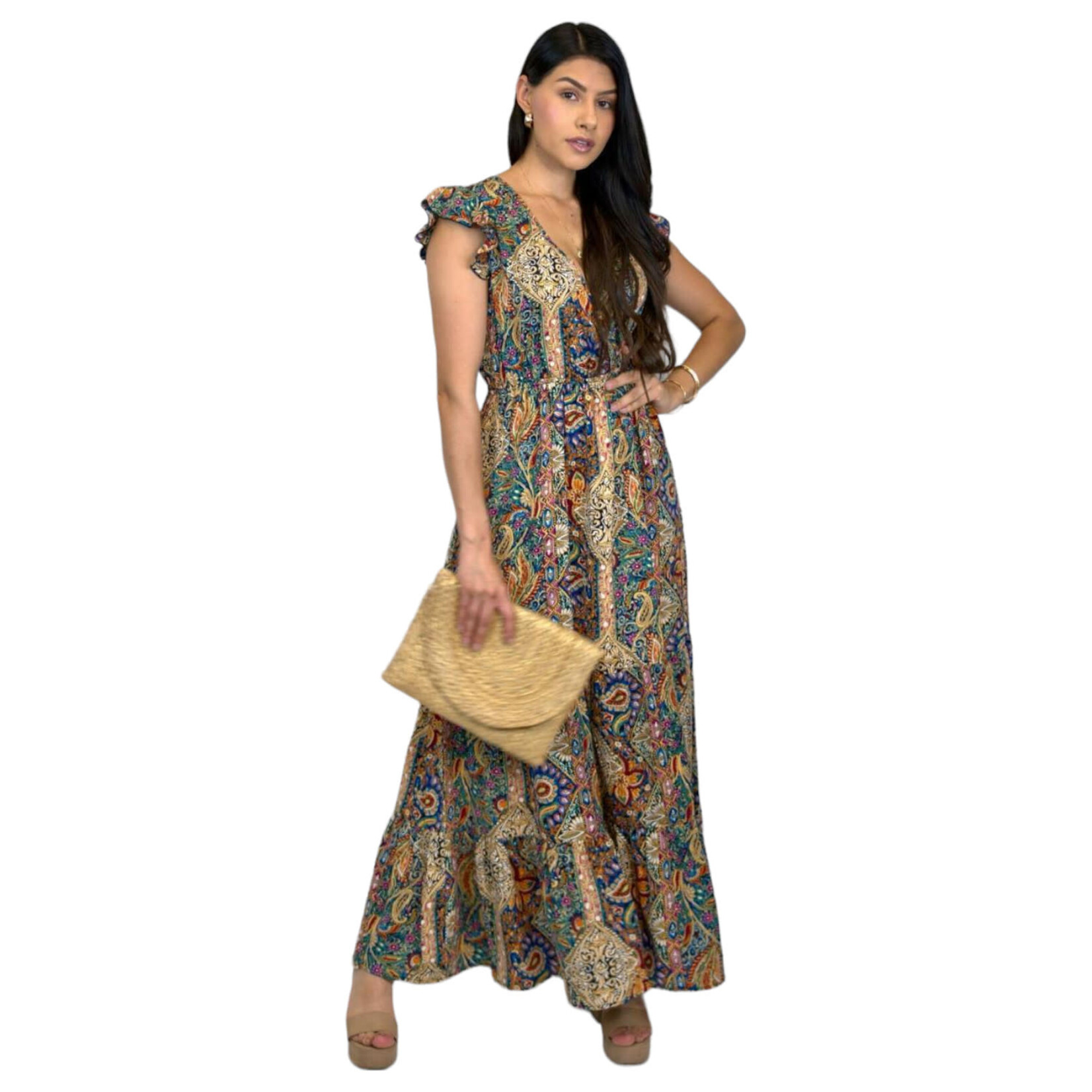 MISS KELLY MISS KELLY PAISLEY PRINT RUFFLE SLEEVE MAXI DRESS SD5190