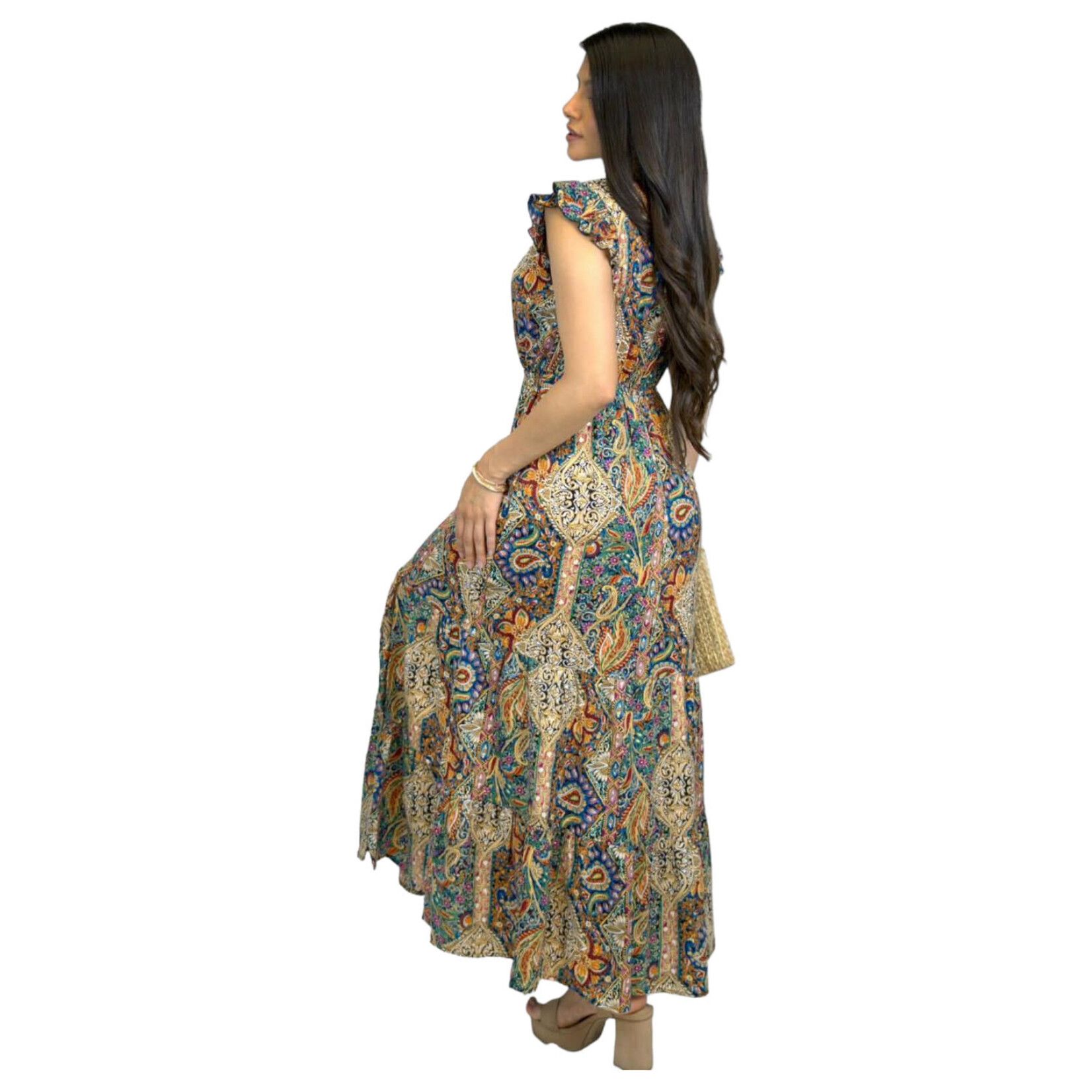 MISS KELLY MISS KELLY PAISLEY PRINT RUFFLE SLEEVE MAXI DRESS SD5190