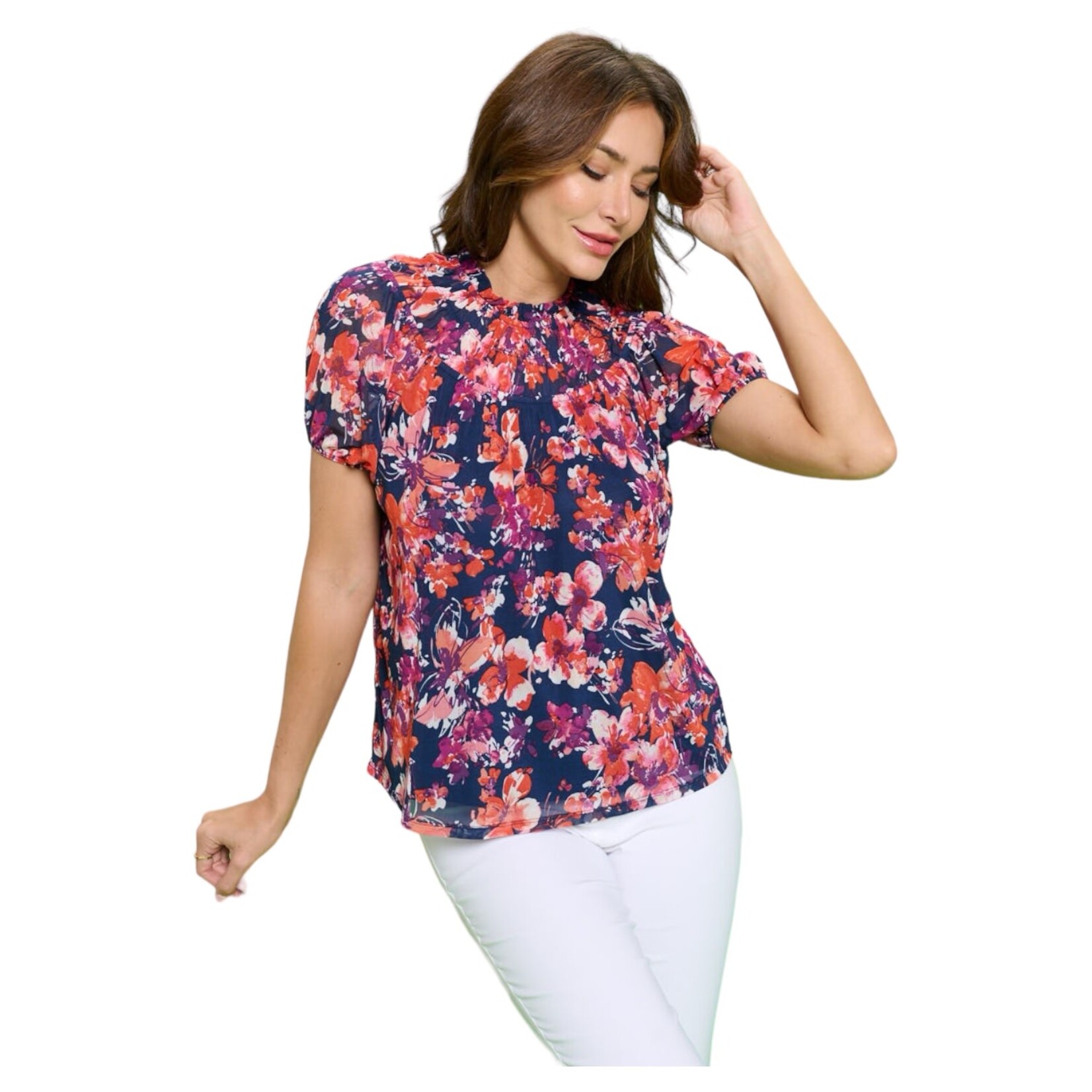 PERSEPTION PERSEPTION SHORT SLEEVE SMOCKING YOKE BABY RUFFLE MOCK NECK BLOUSE TP-MS-1567