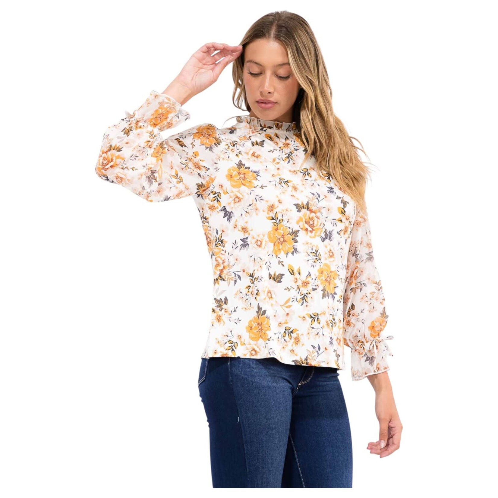 PERSEPTION PERSEPTION MIX MEDIA MOCK NECK LONG TIE SLEEVE W/ RUFFLE DETAIL TOP TP-MS-1565