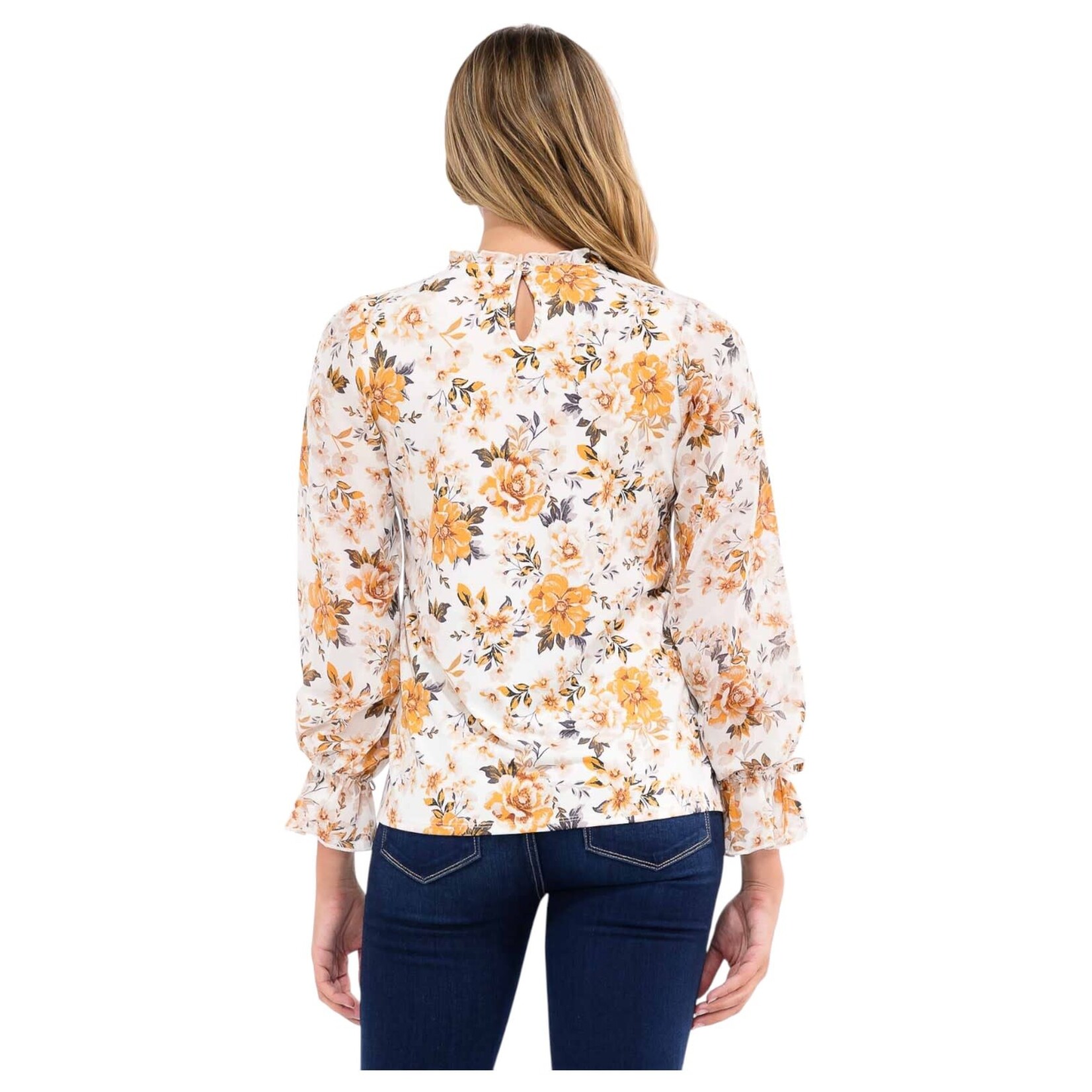 PERSEPTION PERSEPTION MIX MEDIA MOCK NECK LONG TIE SLEEVE W/ RUFFLE DETAIL TOP TP-MS-1565