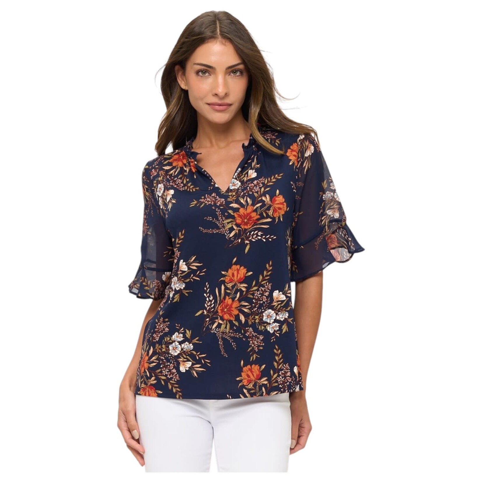 PERSEPTION PERSEPTION FLORAL RUFFLE SHORT SLEEVE TOP TP-MS-1624