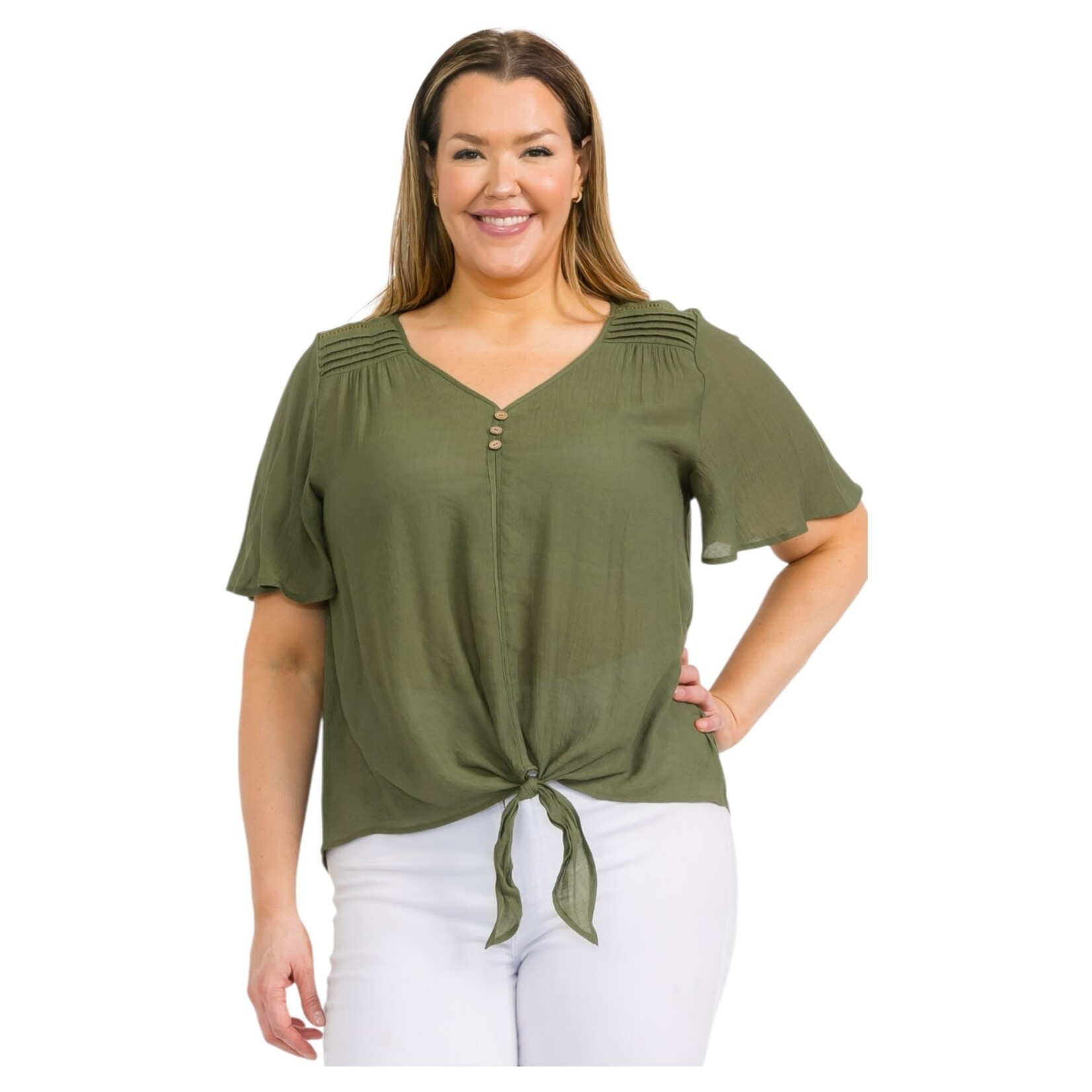 PERSEPTION PERSEPTION PLUS PLEATED SHOULDER SHORT SLEEVE TIE FRONT TOP TP-WM-997