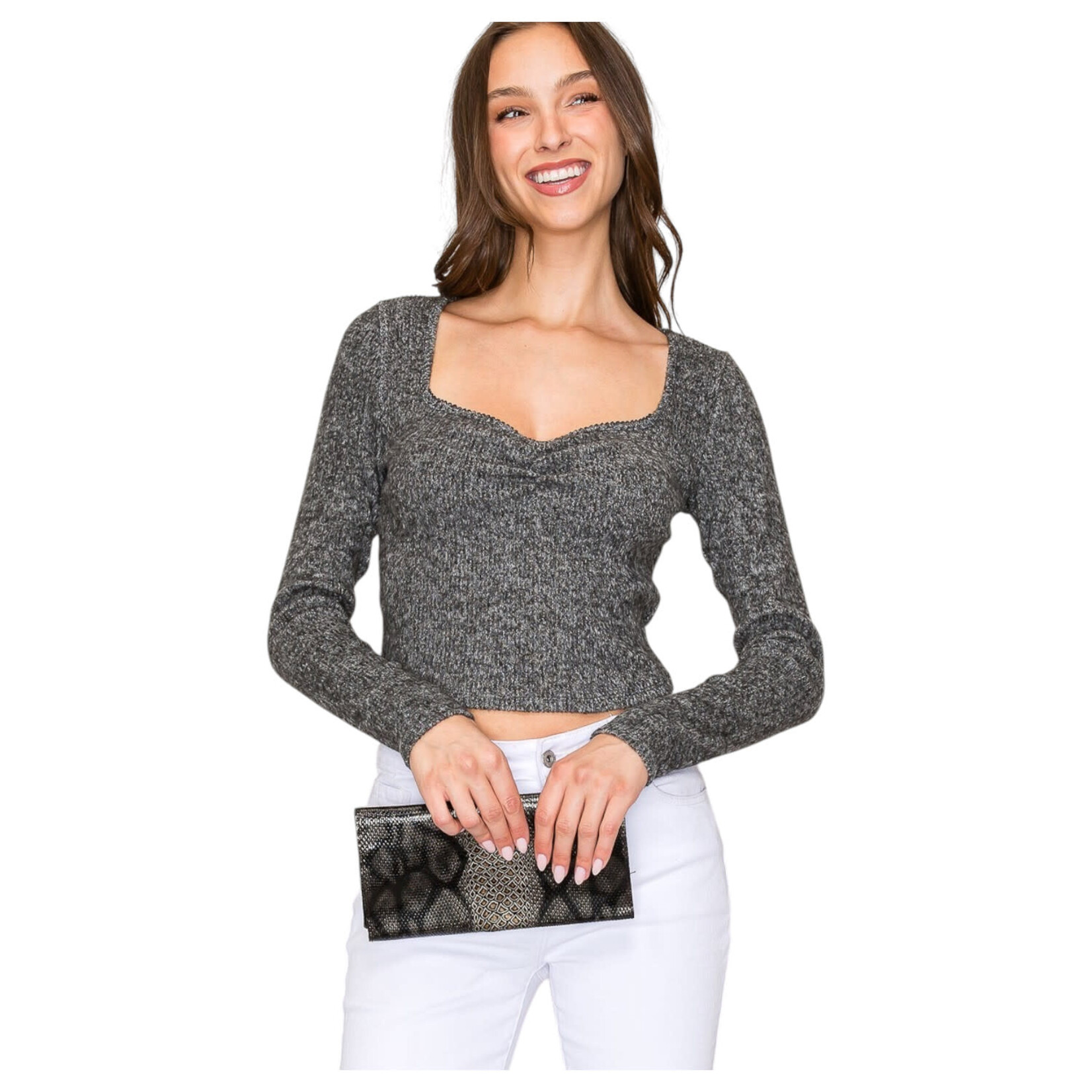 POPULAR 21 POPULAR 21 SWEETHEART NECKLINE SWEATER HACCI RIBBED LONG SLEEVE TOP TZ9404