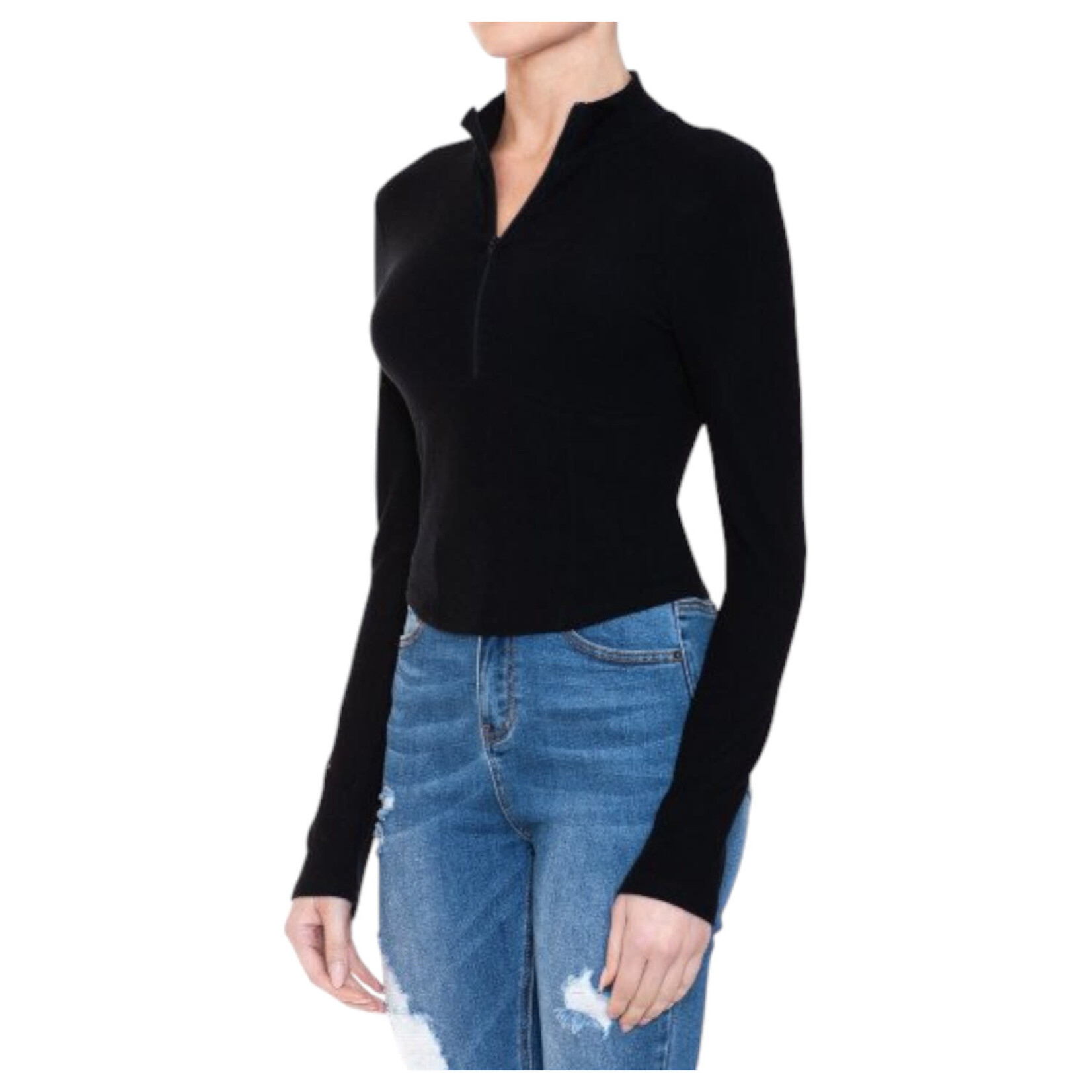AMBIANCE APPAREL AMBIANCE BRUSHED RIB MOCK NECK HALF ZIP UP LONG SLEEVE CROPPED TOP 75534