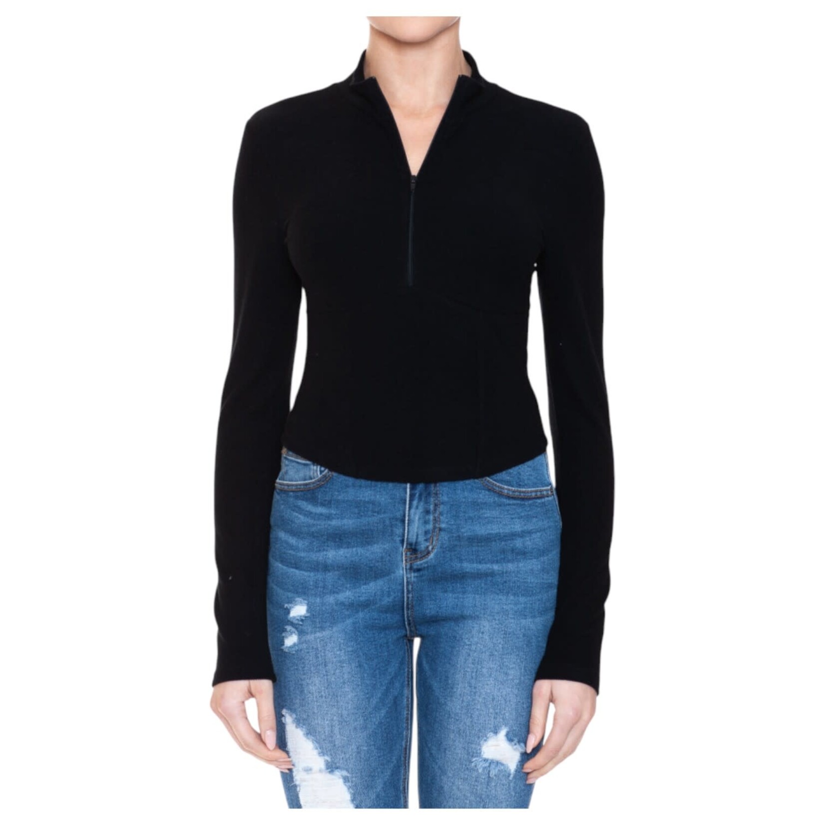 AMBIANCE APPAREL AMBIANCE BRUSHED RIB MOCK NECK HALF ZIP UP LONG SLEEVE CROPPED TOP 75534