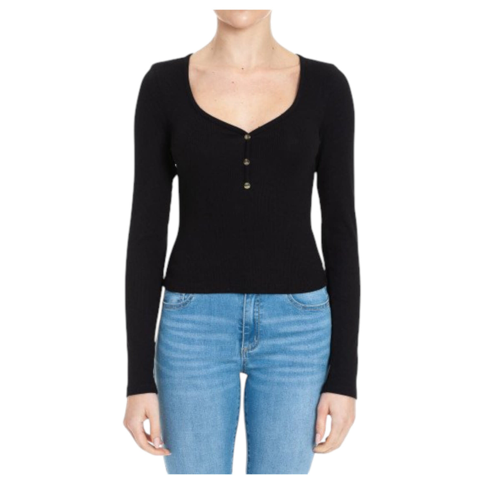 AMBIANCE APPAREL AMBIANCE RIBBED HENLEY SWEET HEART NECK LONG SLEEVE TOP 75407