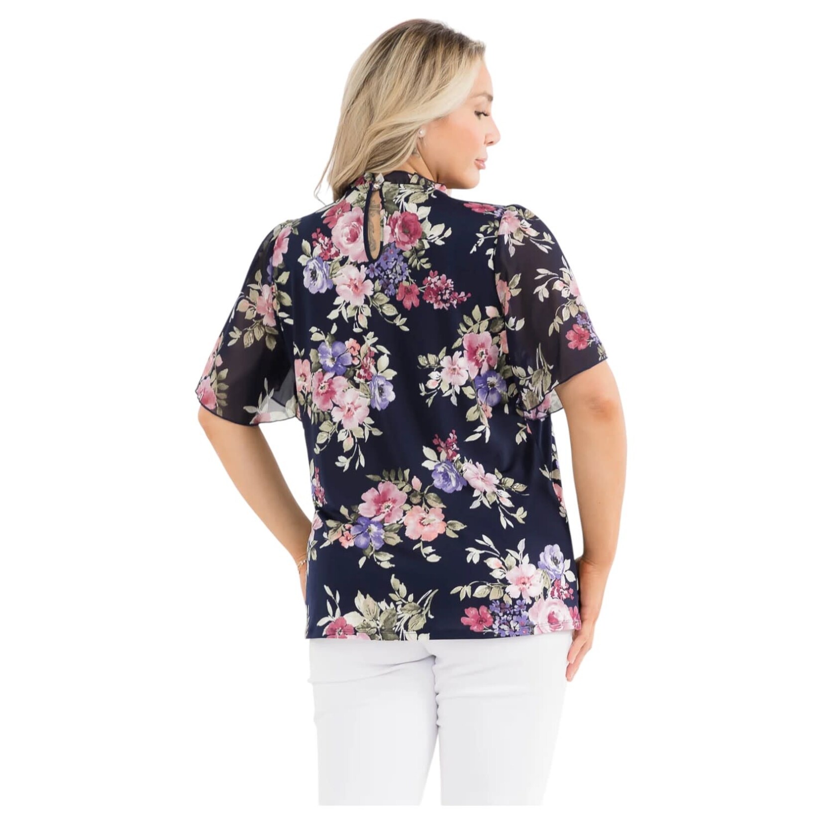 PERSEPTION PERSEPTION PLUS ILLUSION FLORAL FLUTTER MOCKNECK SHORT SLEEVE BLOUSE TP-WM-2100