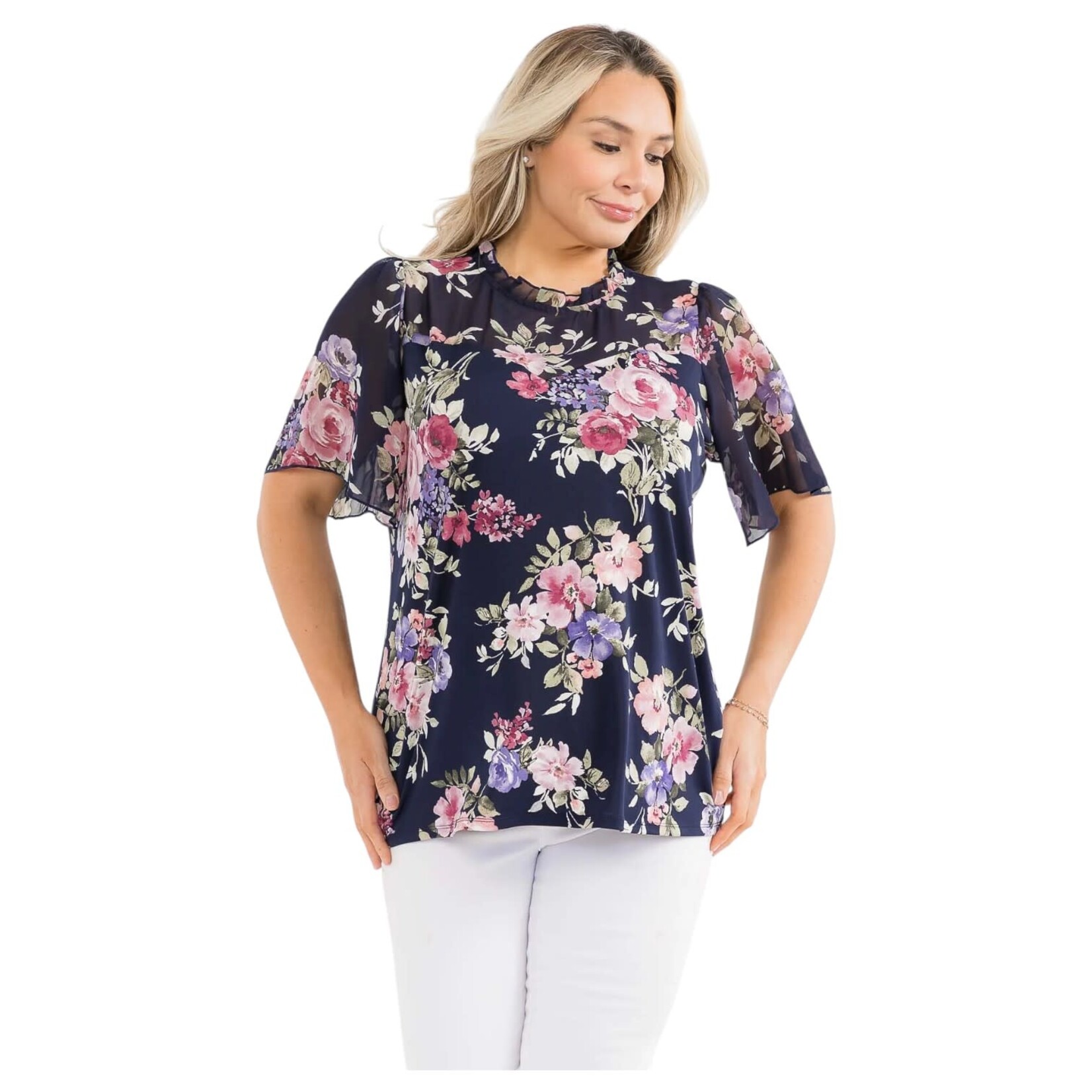 PERSEPTION PERSEPTION PLUS ILLUSION FLORAL FLUTTER MOCKNECK SHORT SLEEVE BLOUSE TP-WM-2100