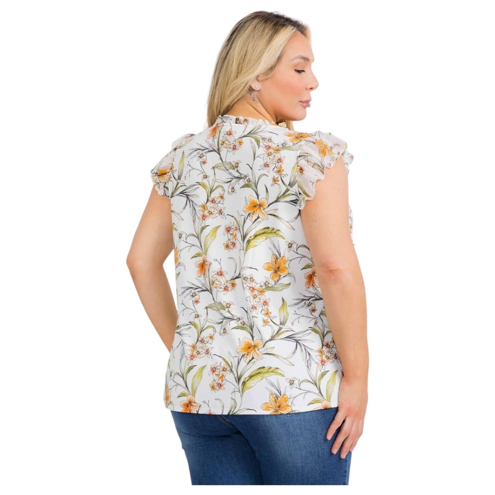 PERSEPTION PERSEPTION PLUS RUFFLE DETAIL V-NECK CAP SLEEVE TOP TP-WM-2114