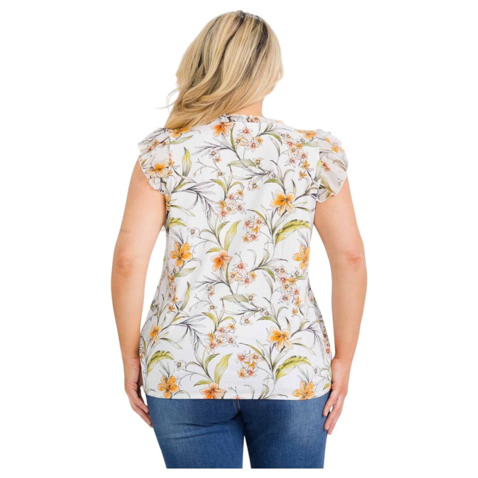 PERSEPTION PERSEPTION PLUS RUFFLE DETAIL V-NECK CAP SLEEVE TOP TP-WM-2114