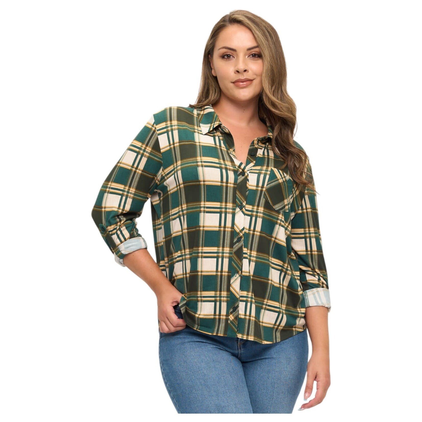 DNA DNA PLUS PLAID ROLL TAB LONG SLEEVE BUTTON UP TOP 6452XB-24176