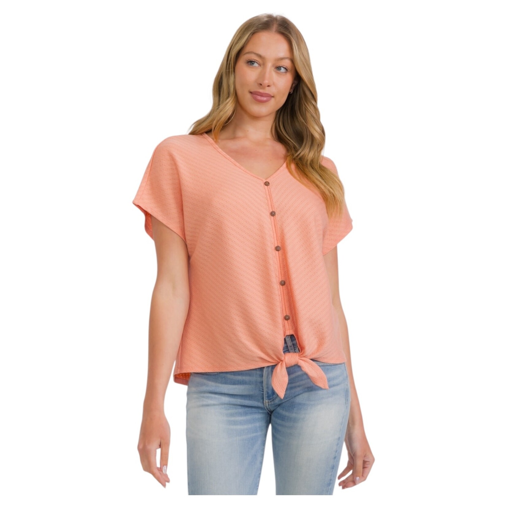PERSEPTION PERSEPTION SHORT SLEEVE POINTELLE V-NECK BUTTON TIE FRONT TOP TP-MS-2073