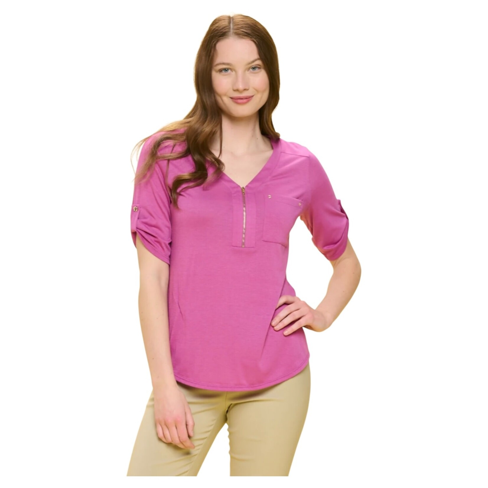 PERSEPTION PERSEPTION V-NECK ZIPPER SHORT SLEEVE TOP TP-MS-913