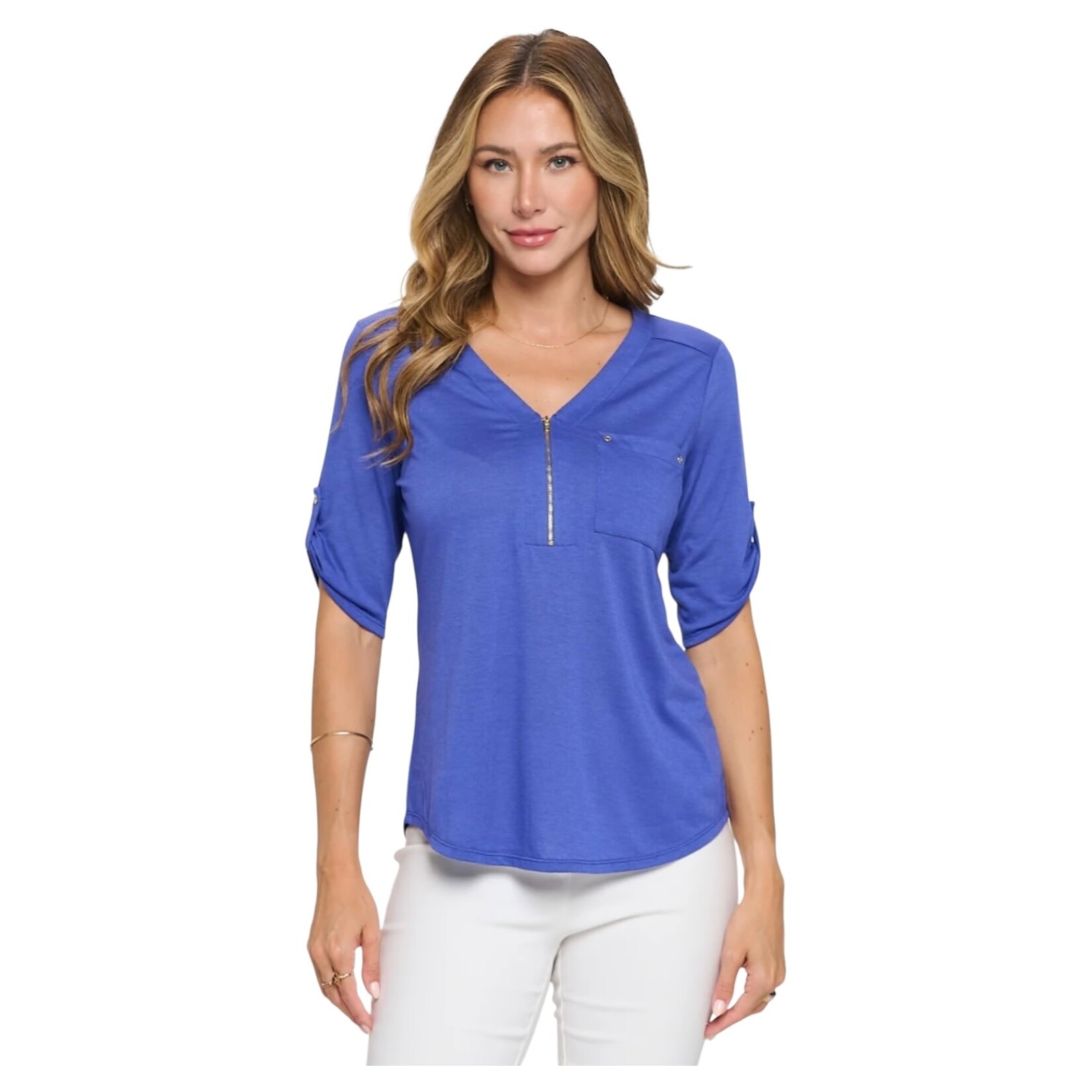 PERSEPTION PERSEPTION V-NECK ZIPPER SHORT SLEEVE TOP TP-MS-913