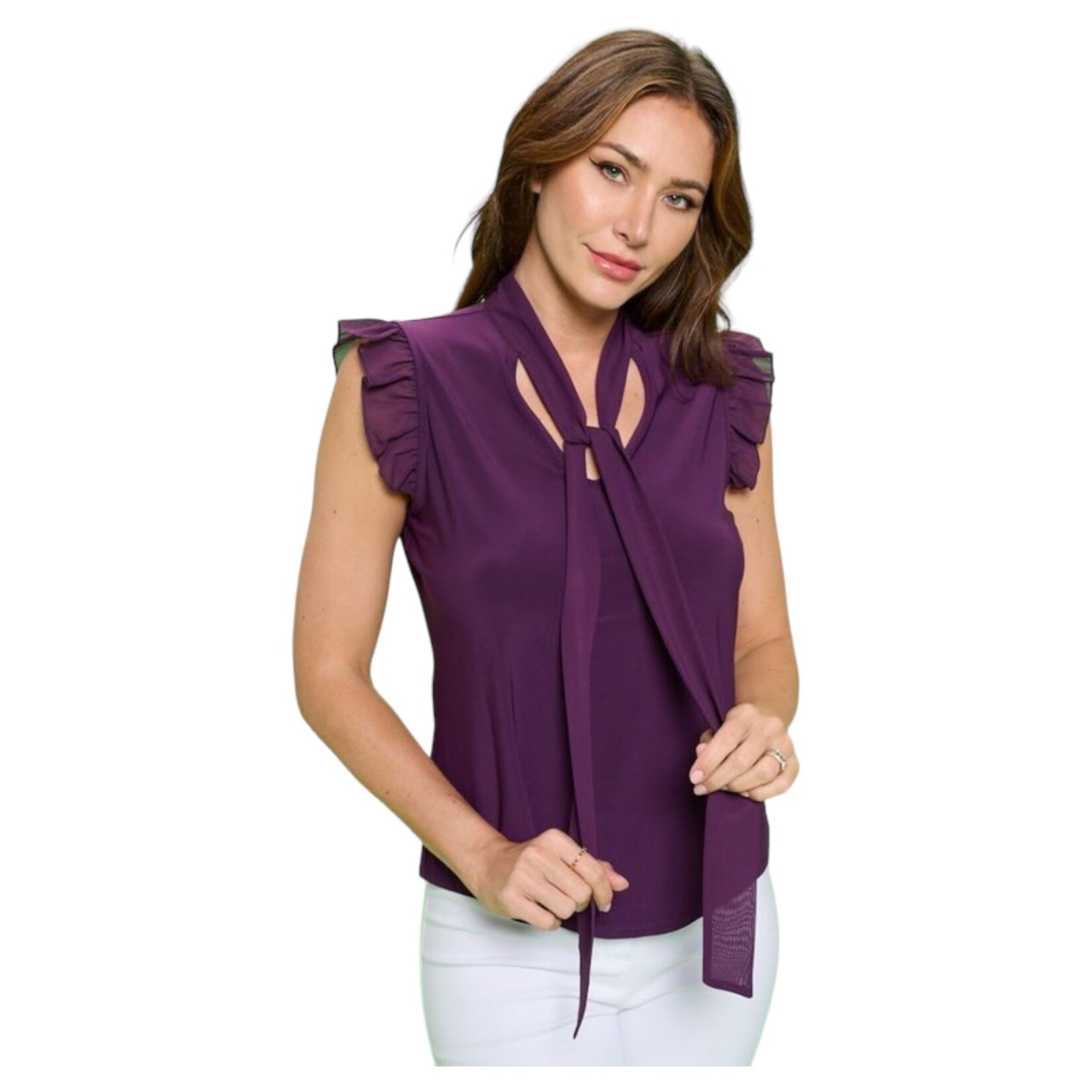 PERSEPTION PERSEPTION SLEEVELESS MIX MEDIA RUFFLE TIE NECK TOP TP-MS-1502