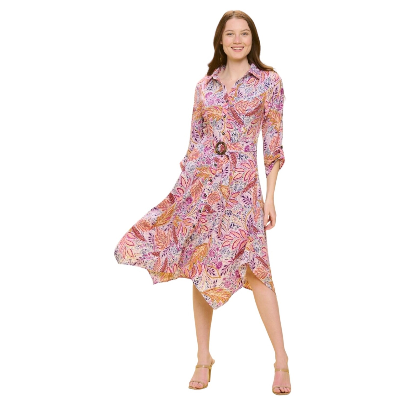 PERSEPTION PERSEPTION 3/4 SLEEVE WOOD O-RING BELTED SHIRT MIDI DRESS DR-MS-243