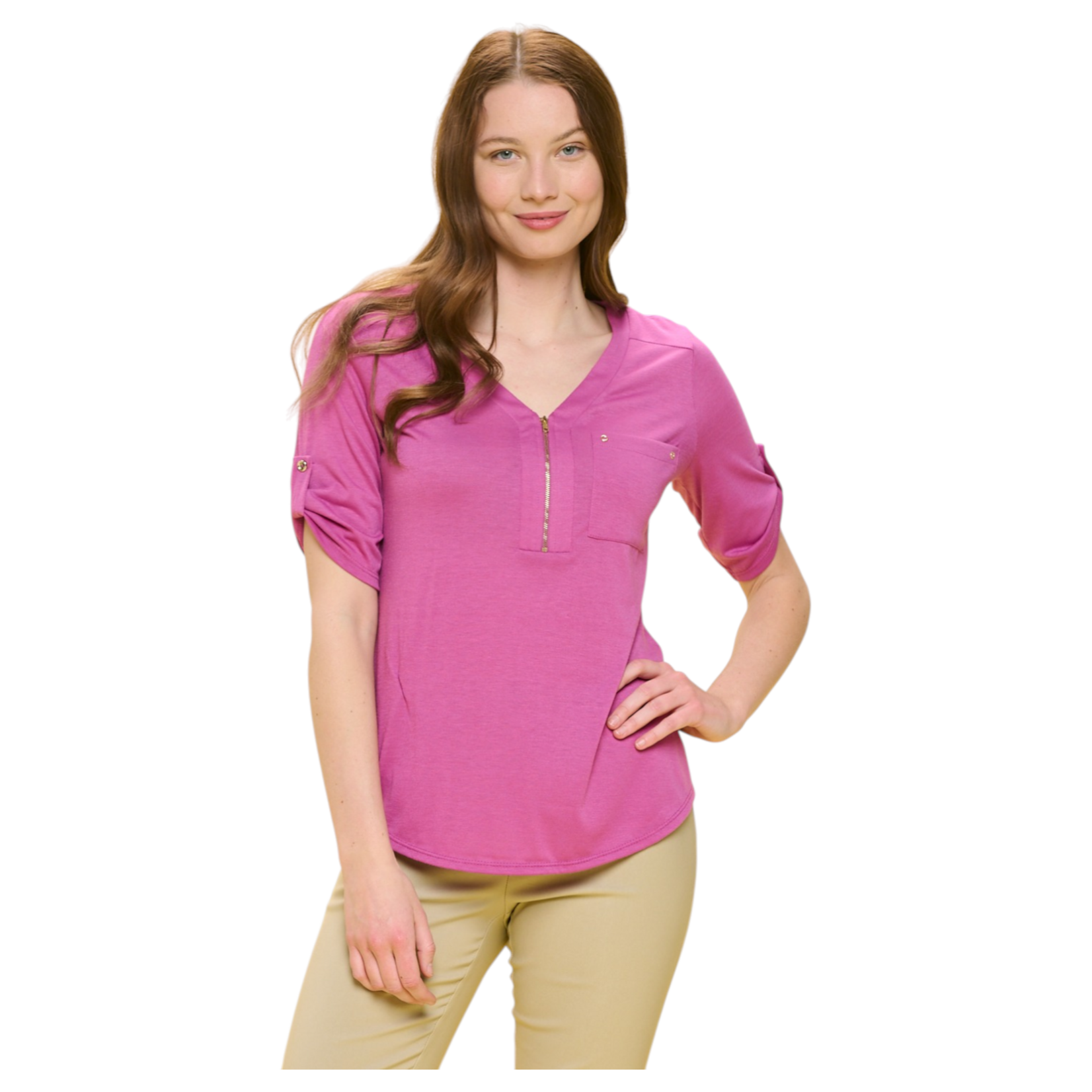 PERSEPTION PERSEPTION V-NECK ZIPPER SHORT SLEEVE TOP TP-MS-913