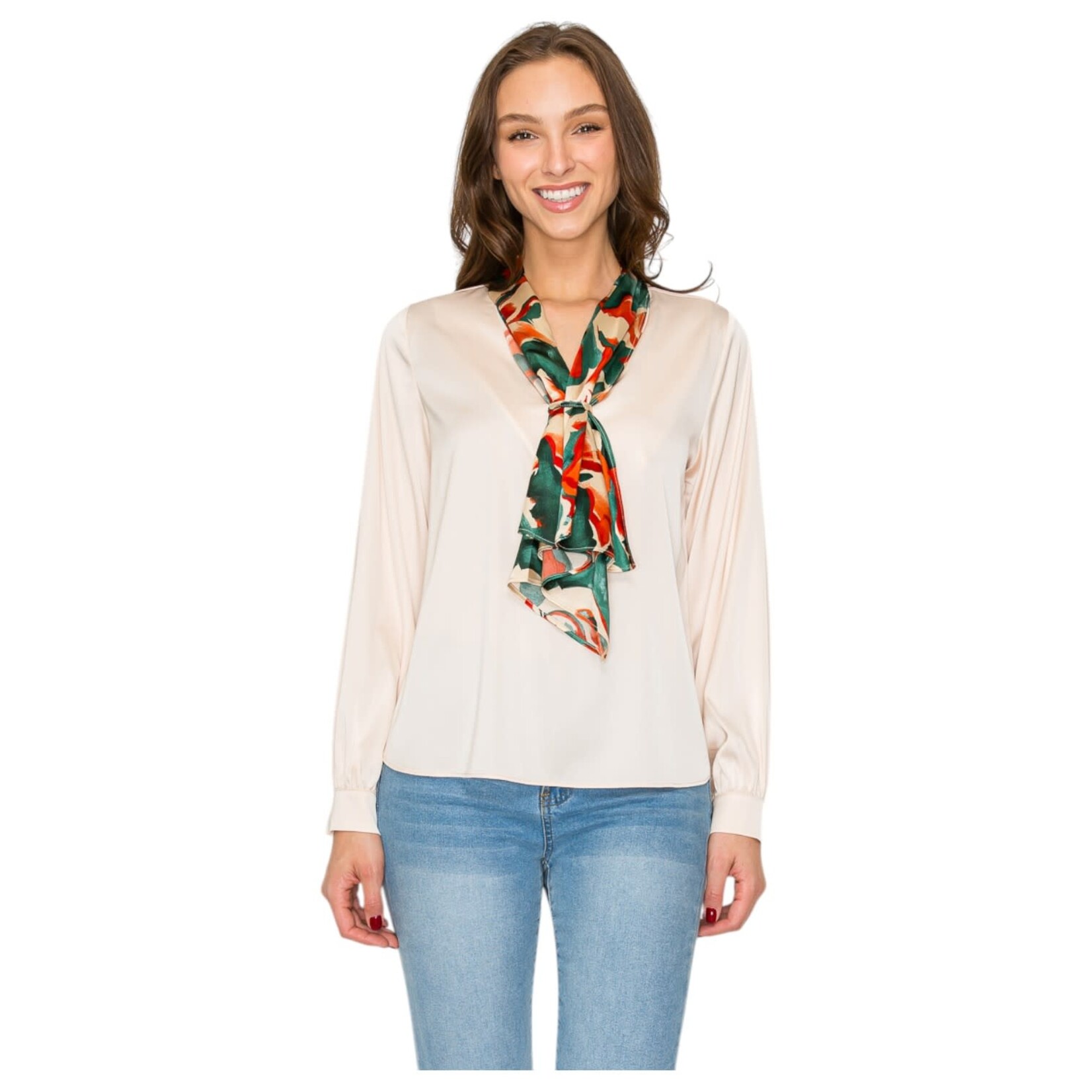 DNA DNA SATIN LONG SLEEVE CONTRAST SCARF TOP 4441T-24066