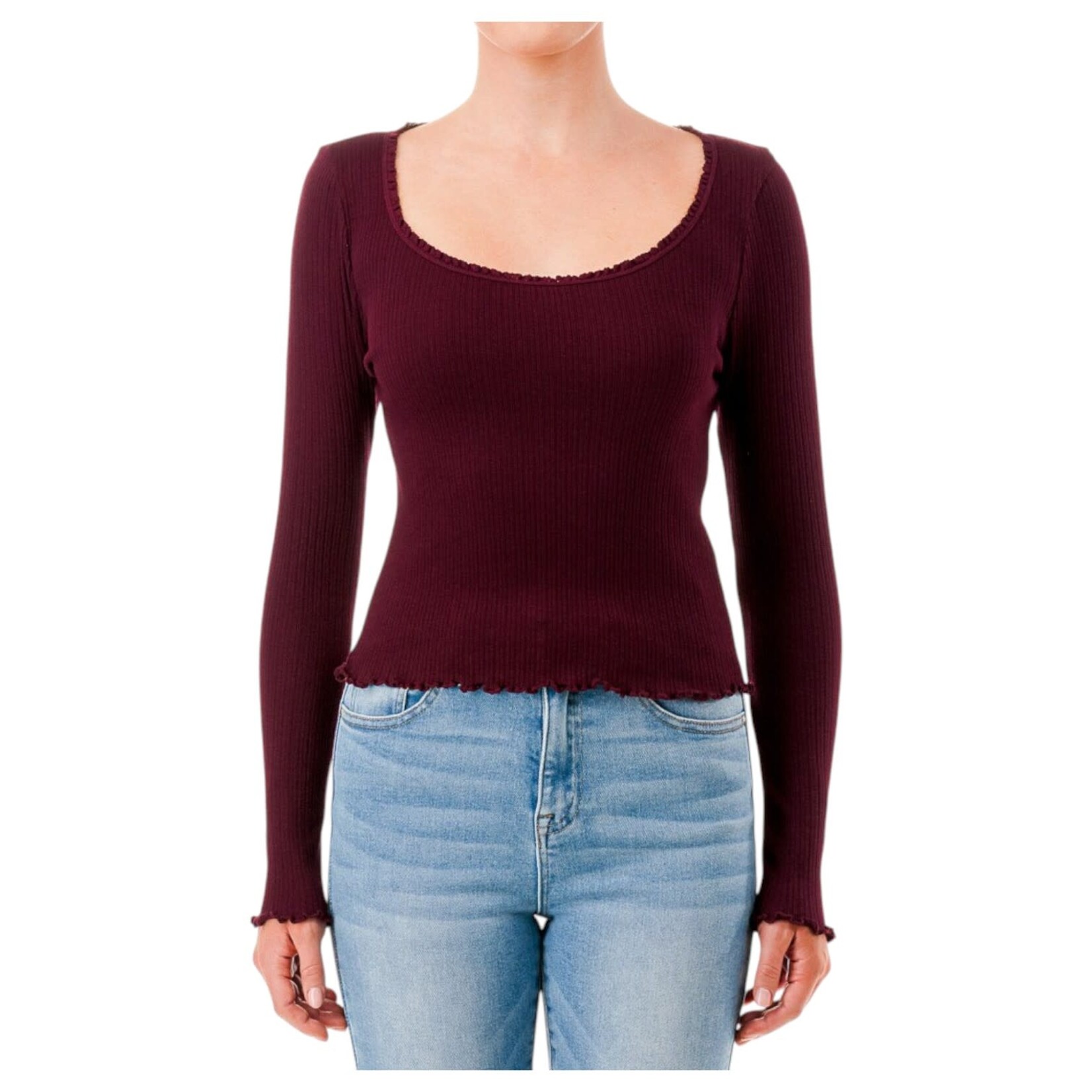 AMBIANCE APPAREL AMBIANCE SCOOP NECK WITH LACE TRIM RIBBED LONG SLEEVE TOP 75791