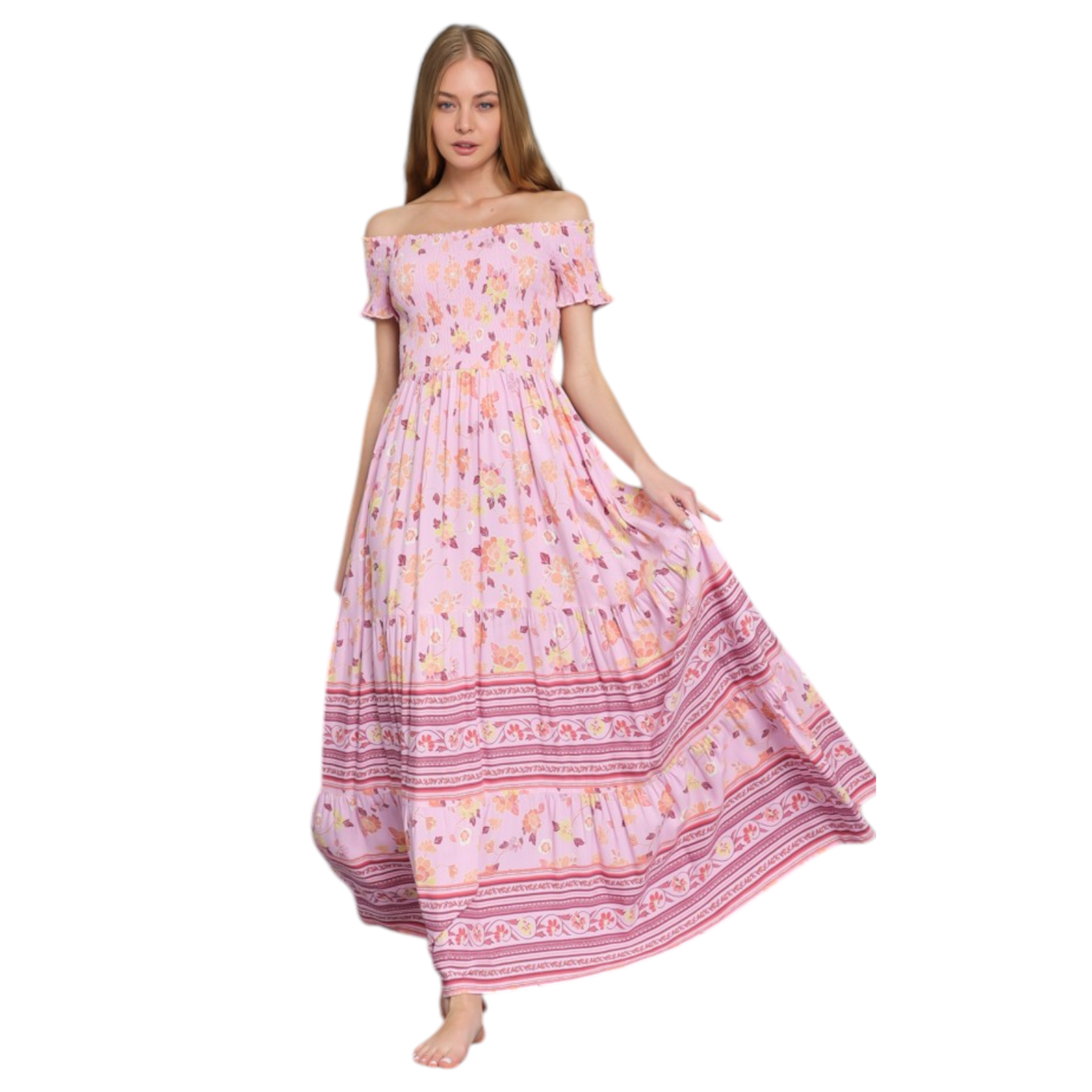 AAKAA AAKAA OFF SHOULDER SMOCKED TIERED BORDER DRESS DA28592D